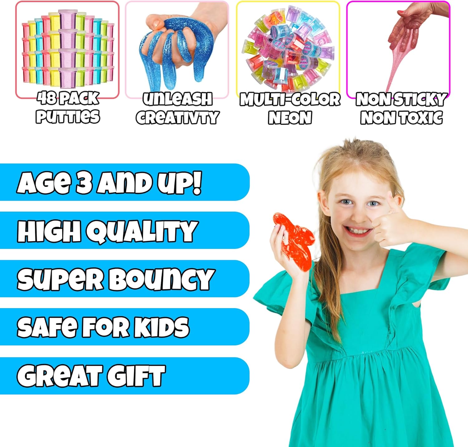 Mini Glitter Putty - (Bulk Pack of 48) Mini Slime for Kids Party Favors in Assorted Neon Rainbow Colors for Birthday Party Favor, Fidget Toys, and Prizes