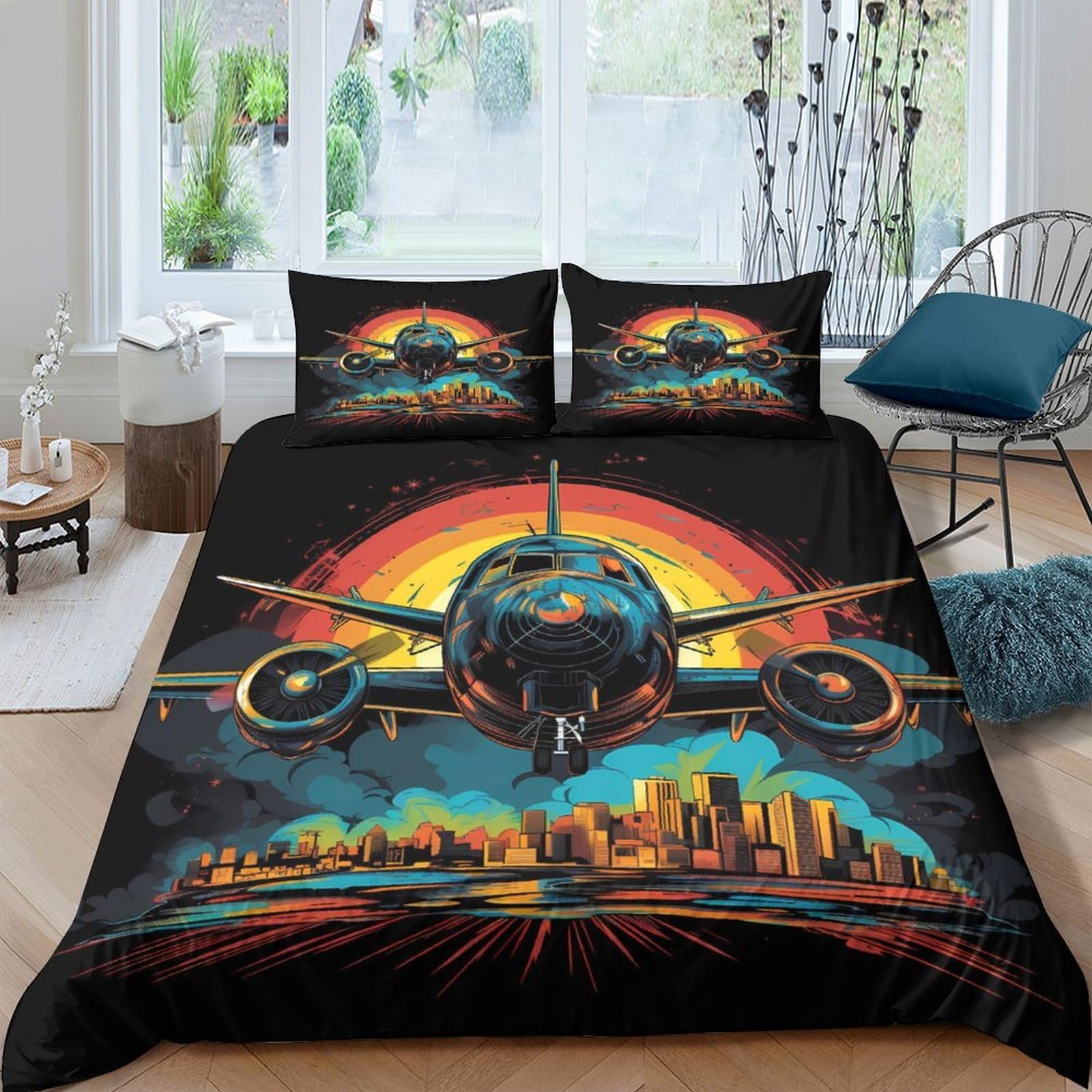 Ctjqhvkz Style-9 3D Printed Sunset Airplane Fitted Sheet Microfiber Soft Urban Skyline Bed Cover For Bedroom Dorm Mattress Decor Single（135X200cm）