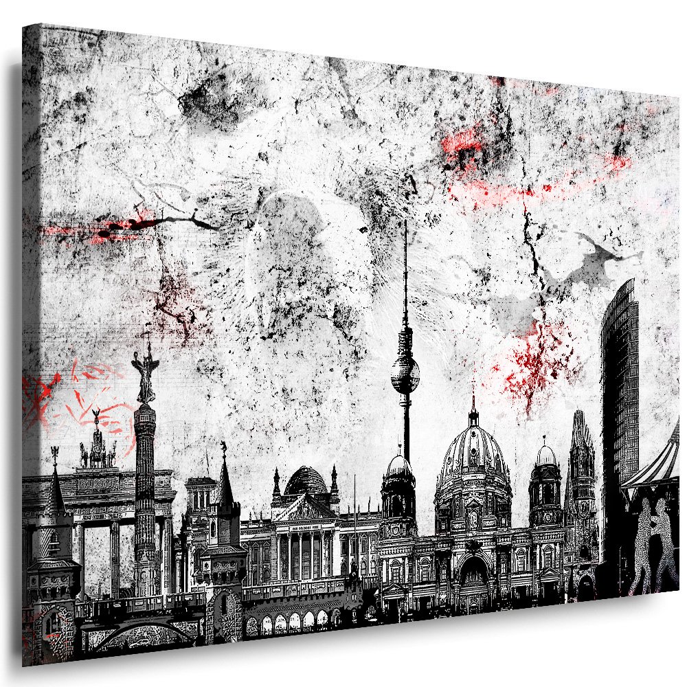 Wandbild 100 x 70 cm Stadt Wandbild Berlin Bild auf Leinwand mit Rahmen XXL Leinwandbild Skyline Kunstdruck Bär Silhouette Abstrakt o101-5