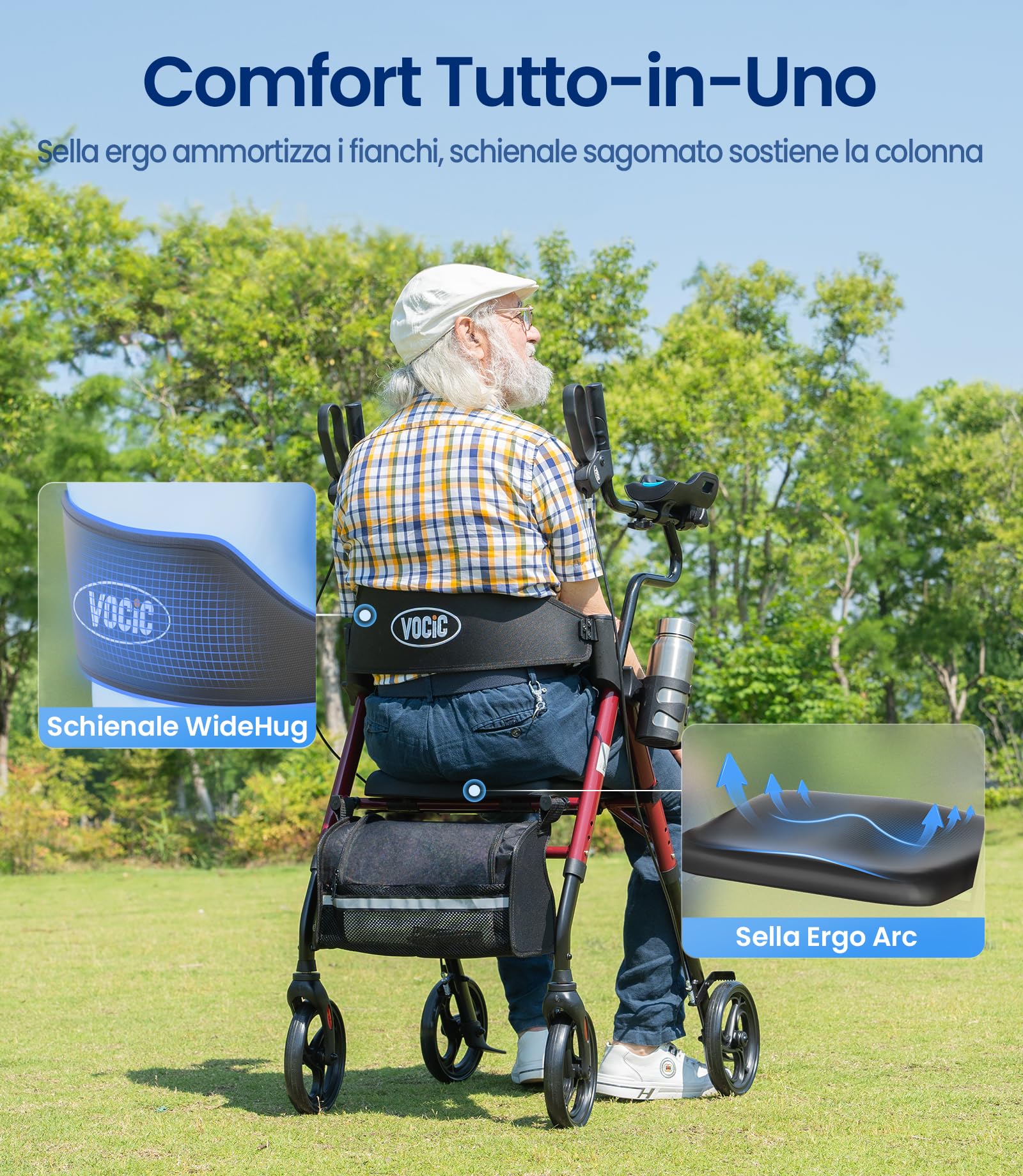 VOCIC Deambulatore pieghevole leggero con seduta,Poggiaavambracci imbottiti | Z22 GelSoft-Walker con braccioli regolabili e portabicchieri,deambulatore per anziani, Ergo-sedile & schienale,Max136kg,rosso
