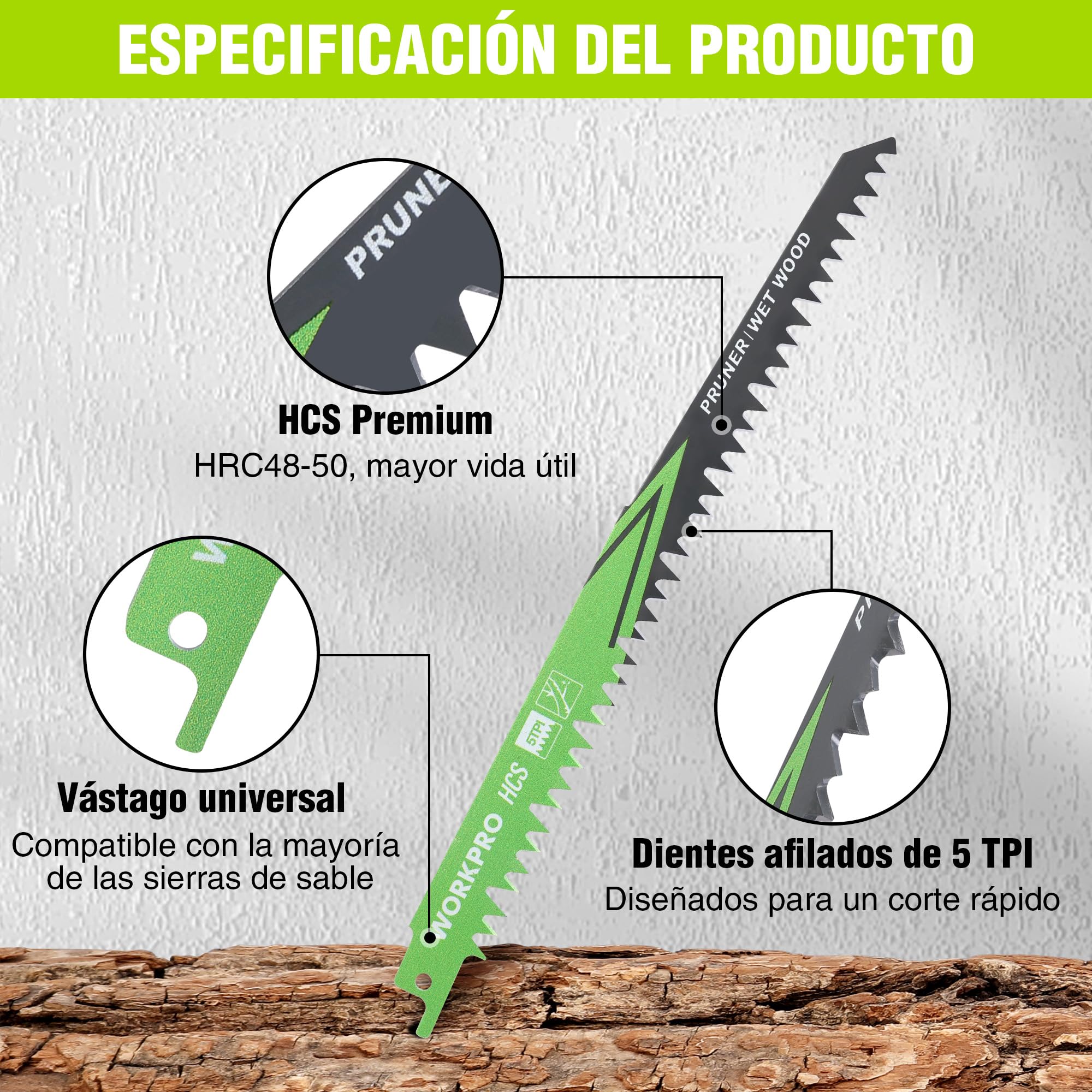 WORKPRO Hojas de Sierra Sable 5 Piezas, Cuchillas para Madera 230 mm, Accesorios de Corte para Poda y Jardín, Compatibles con la Mayoría de Sierras de Sable, con Caja de Plástico