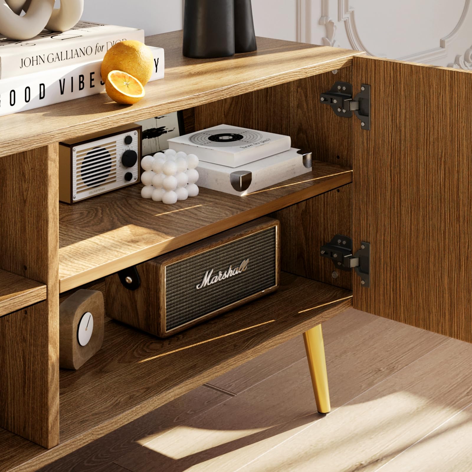 Modern 86in TV Stand for Living Room, Fluted Design Entertainment Center with Adjustable Shelves,Media TV Console Table with Storage for Bedroom,Nature