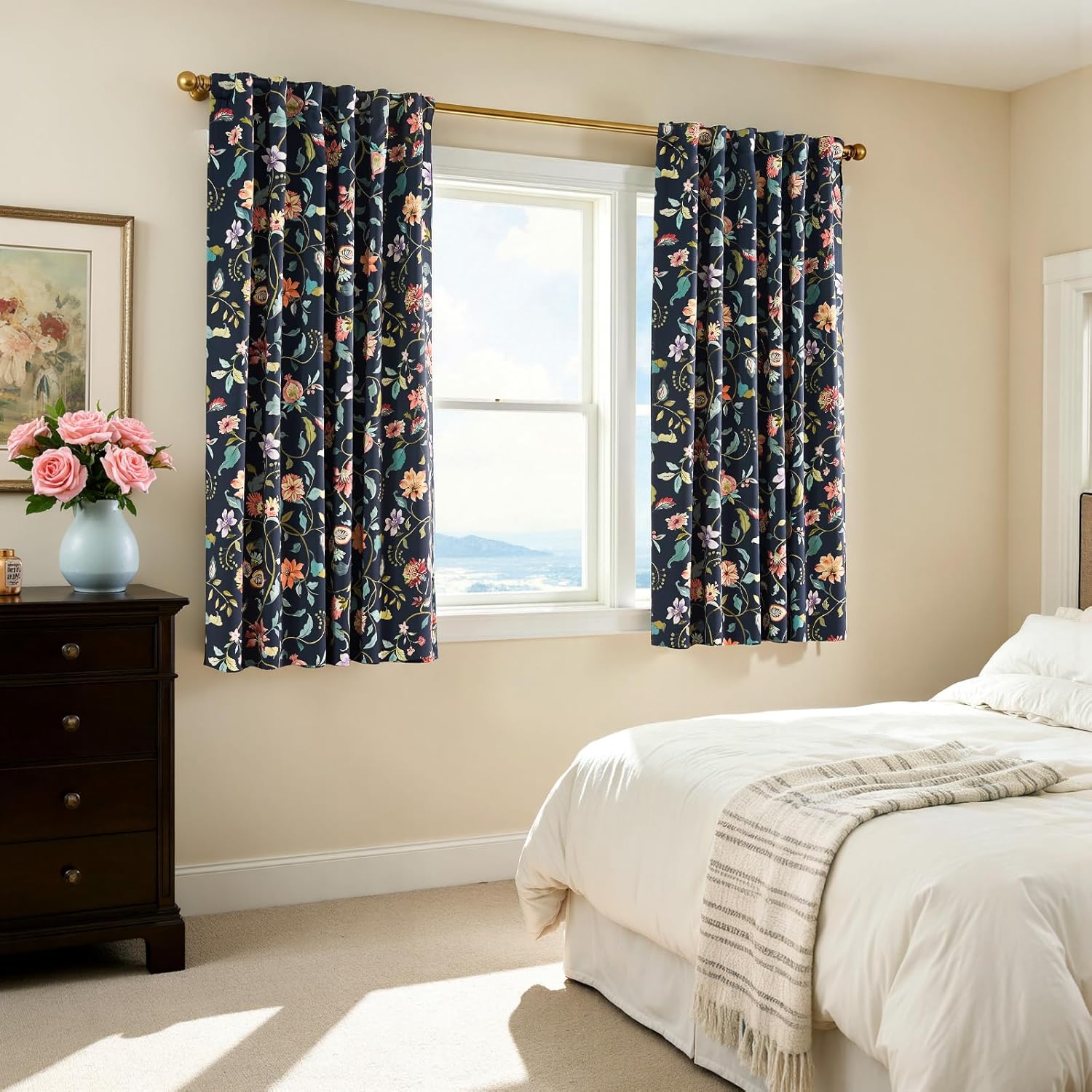 jinchan Hattie Blackout Curtains Navy Blue Floral Curtains 63 Inch Length Drapes for Living Room Kitchen Bedroom Vintage Farmhouse Cottage Core Privacy Room Darkening Back Tab Rod Pocket 2 Panels