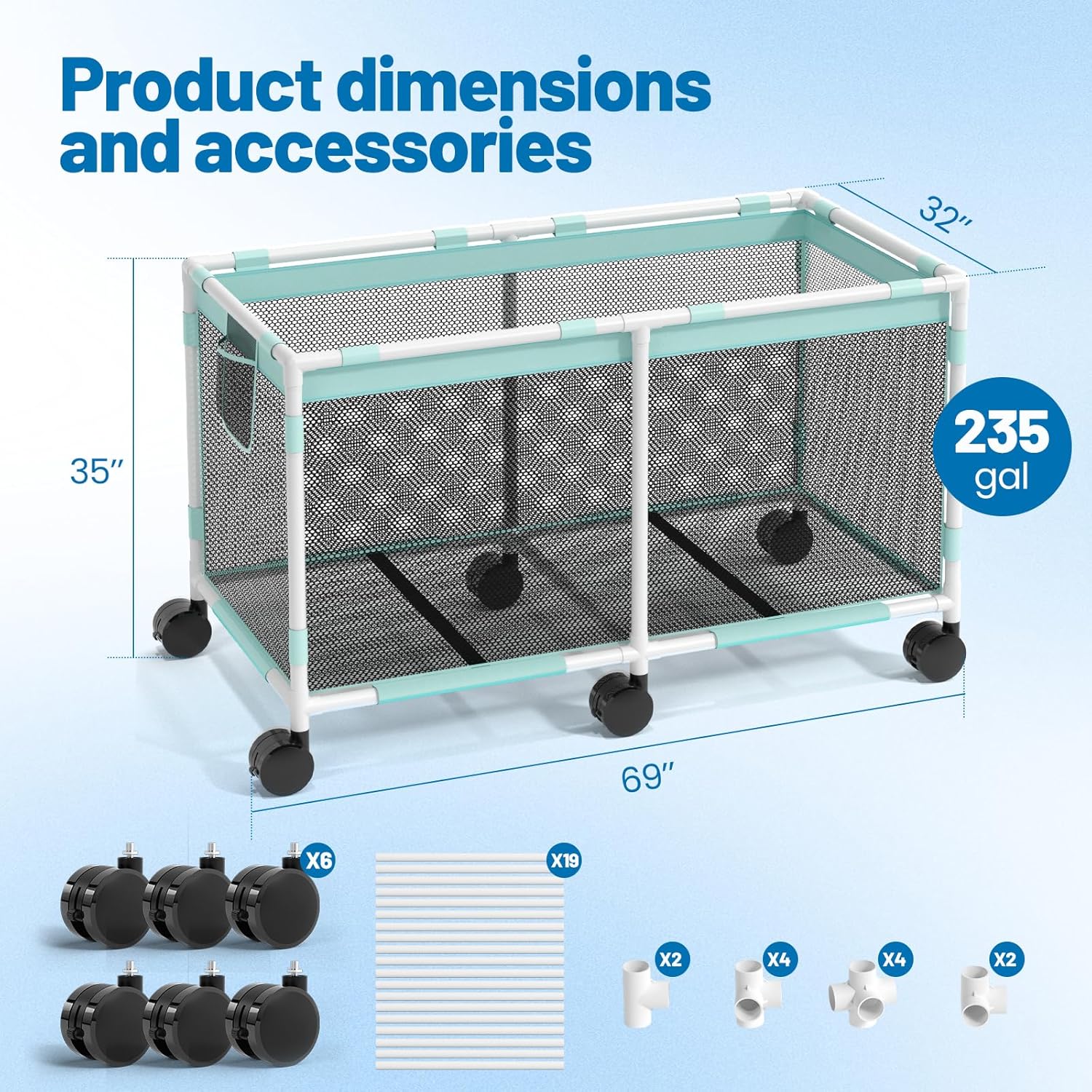 Extra Large Mint PVC Mesh Pool Storage Bin with Wheels