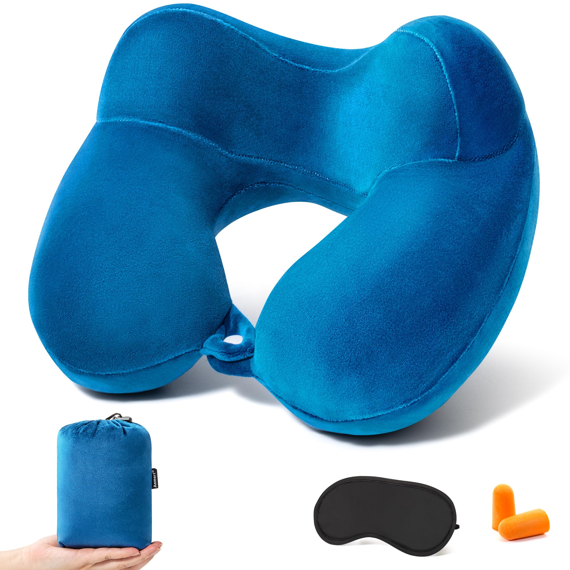 Oreiller De Voyage Gonflable Anmerl En Velours Doux - Portable Avec Sac De Rangement Pour Avion, Train, Voiture
