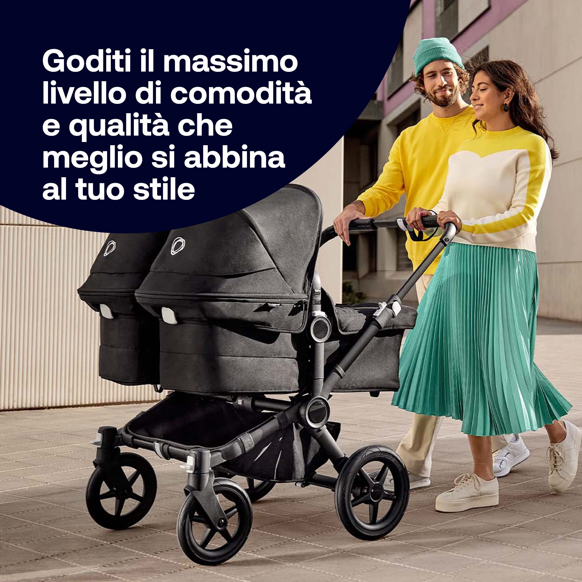 Bugaboo Donkey 5 Twin, Set di Conversione Passeggino Completo, Affiancato, Design Migliorato, Seduta Reversibile, Guida a una Mano e Archiviazione Espandibile, Midnight Black