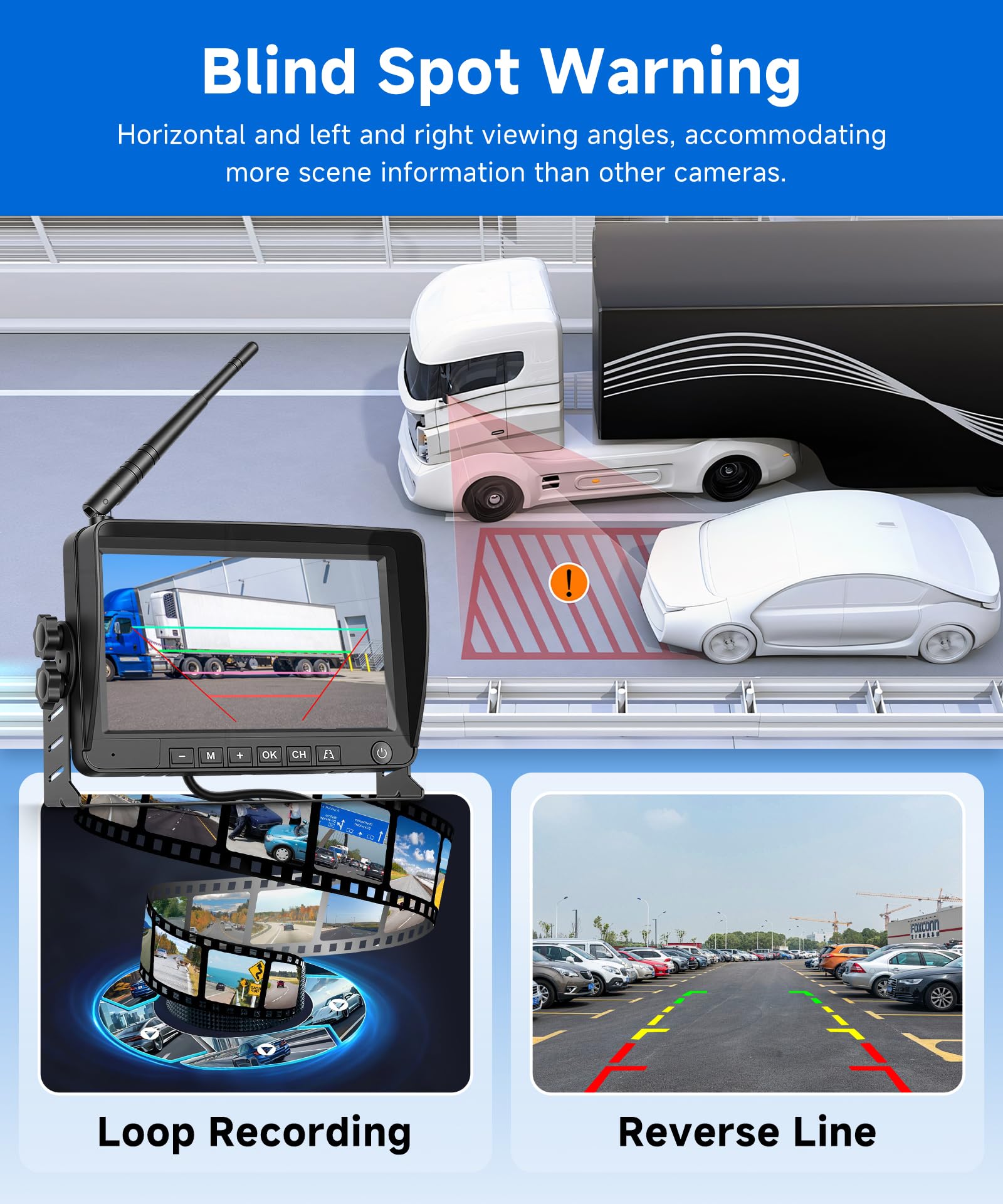 720P Cámara de Visión Trasera Inalámbricas para FIAT Ducato 3/Peugeot Boxer/Citroen Jumper con Monitor IPS de 9'', Cámara para Tercera Luz de Freno, Visión Nocturna, Resistente al Agua IP67,BSD,DVR