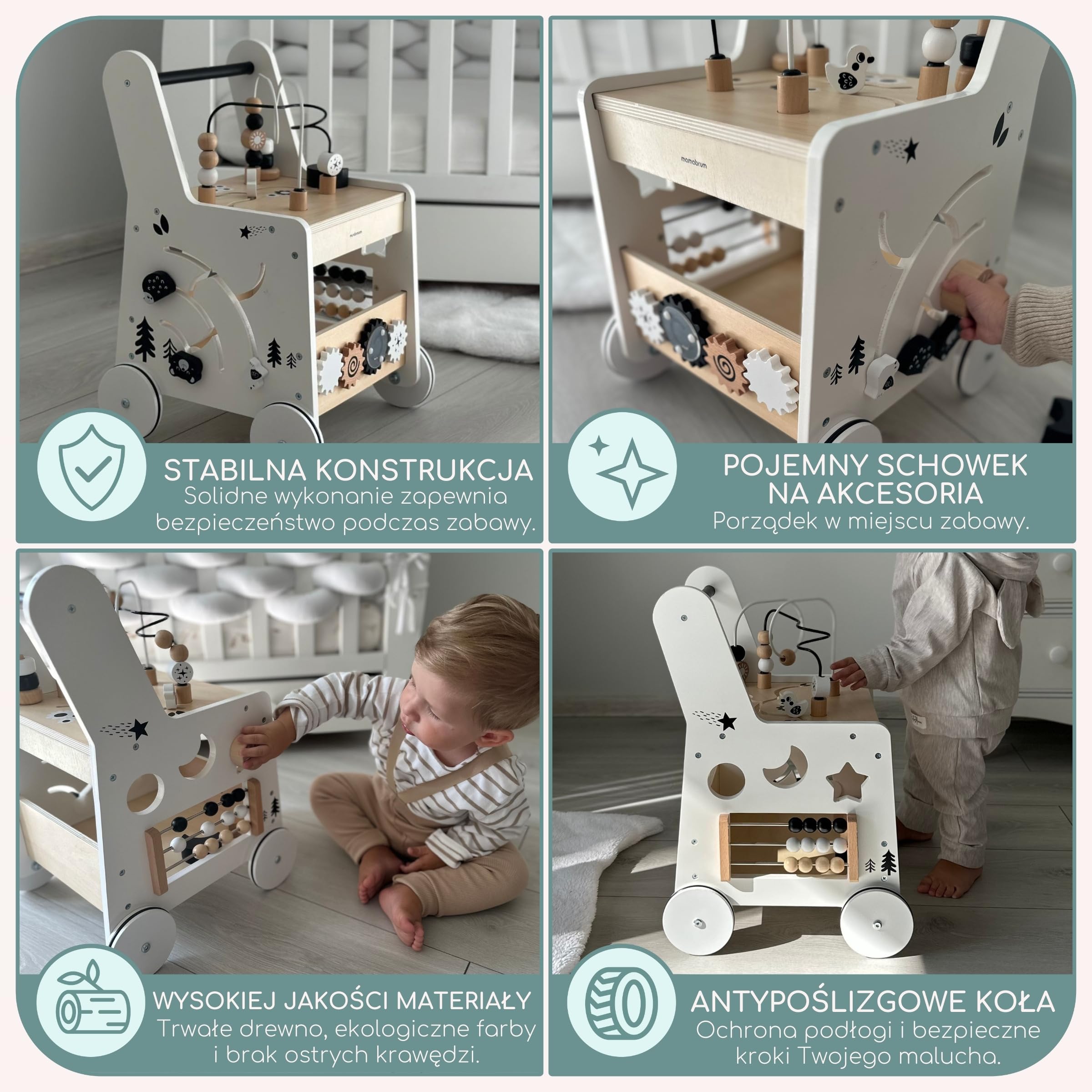 Mamabrum Caminadora y Andador Bebé 6 en 1 - Mesa Educativa de Madera con Ábaco, Engranajes y Juegos - Centro de Actividades para Primeros Pasos - 31 x 28 x 49 cm
