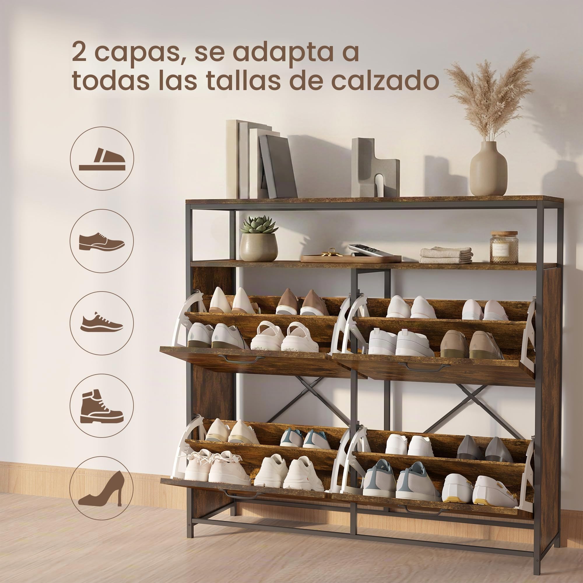 Zapatero con 4 Compartimentos y Estante Abierto, Mueble para 16-24 Pares, Diseño Industrial, Estrecho para Pasillo, Entrada y Salón,Retro | 4 cajones plegables y estantes ajustables, puede contener 12 a 18 pares, armario práctico para entrada y pasillo