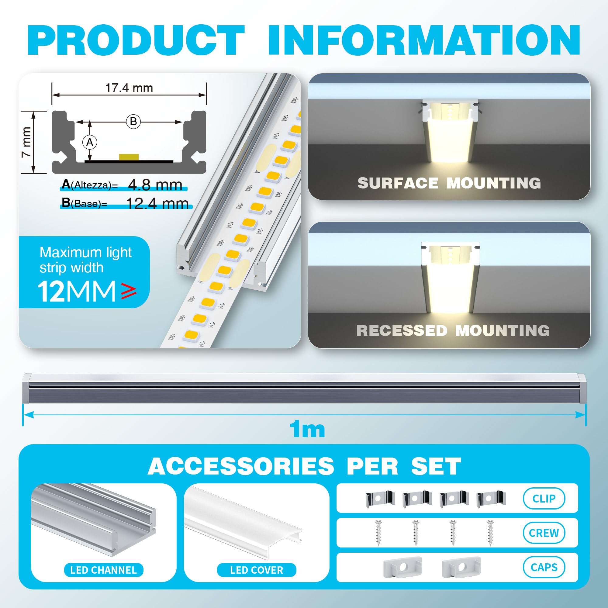 Profili In Alluminio Per Strisce LED | Forma A U | 6 Pezzi Da 1 Metro | Con Copertura Opaca | Dissipazione Termica - 4