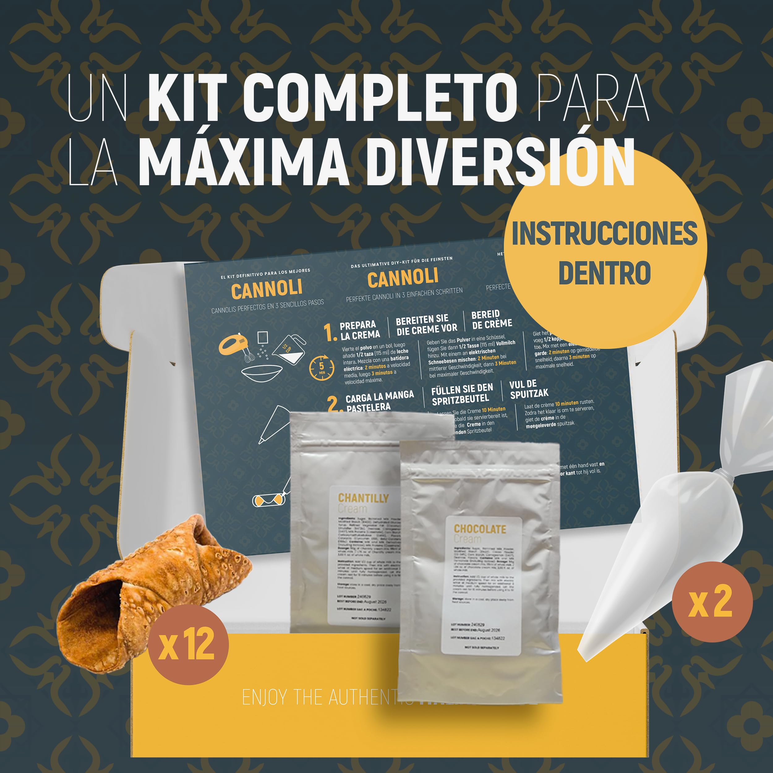 Cannoli Sicilianos, Kit de 12 Cannoli - HAZLO TÚ MISMO. Cannoli Individuales, Crema Chantilly y Chocolate. Kit de Cannoli con Crema en Polvo para Preparar en Casa. CANNOLI - SIKALY