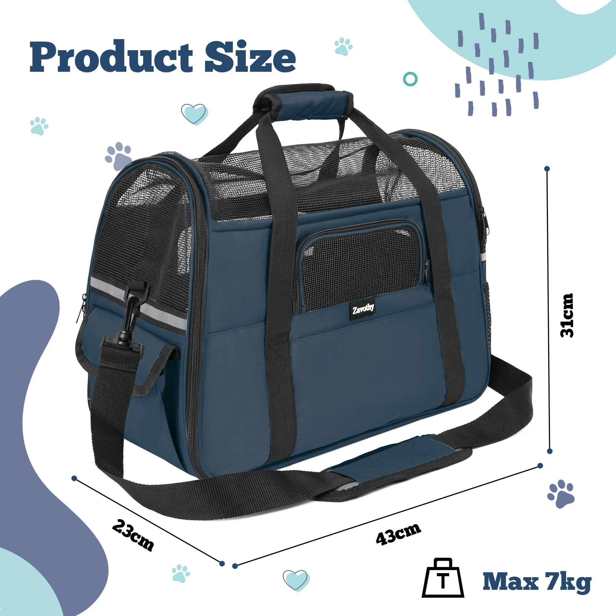 Zavothy Borsa per il trasporto per gatti e cani, borsa per il trasporto, traspirante e pieghevole, trasportino per gatti con tracolla regolabile, materasso in peluche rimovibile (blu scuro, M)