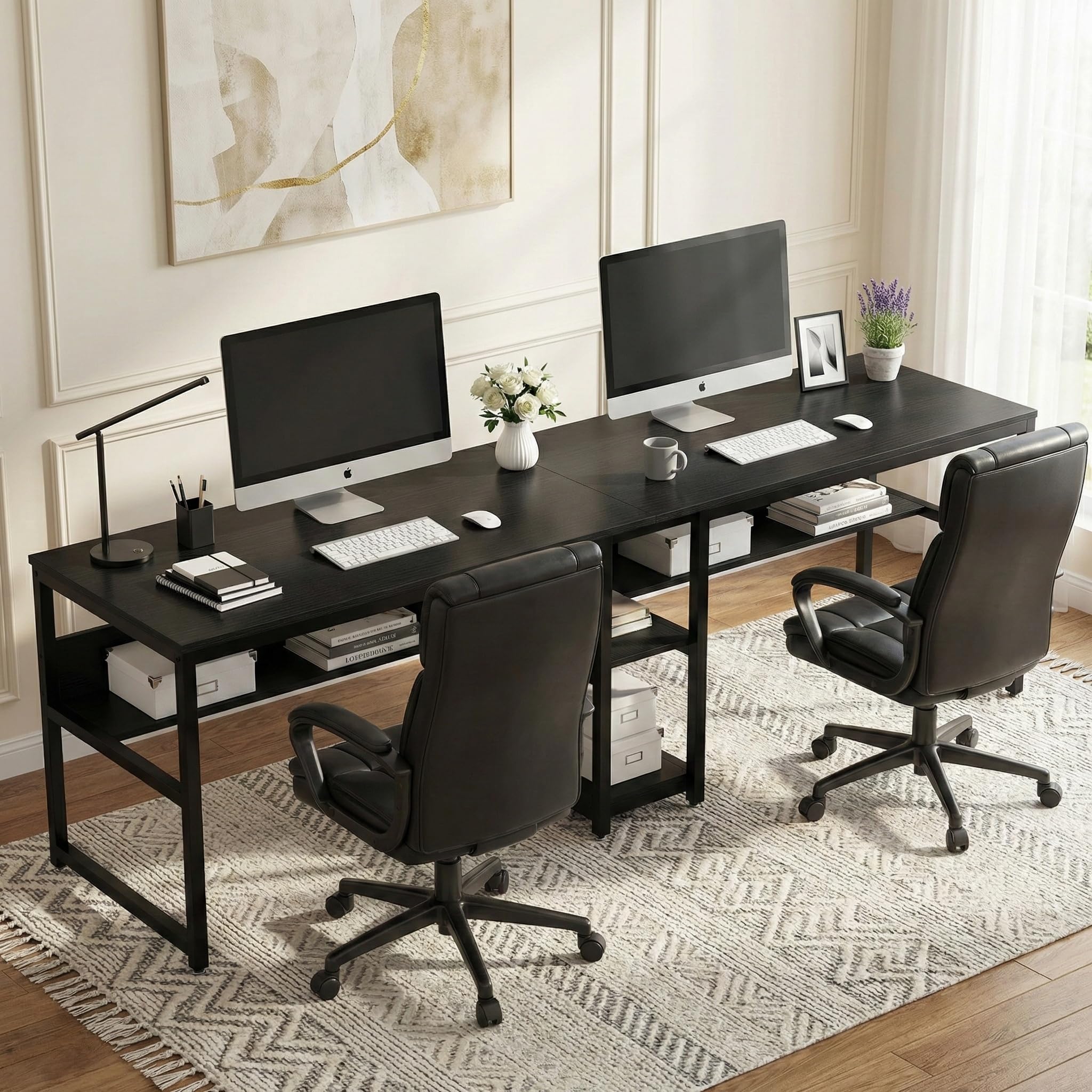 Lailang Tavolo da computer da 79 pollici, doppia scrivania lunga, tavolo da lavoro rustico, tavolo da ufficio con spazio di archiviazione, scrivania per computer, scrivania grande, 79 x 24 x 30