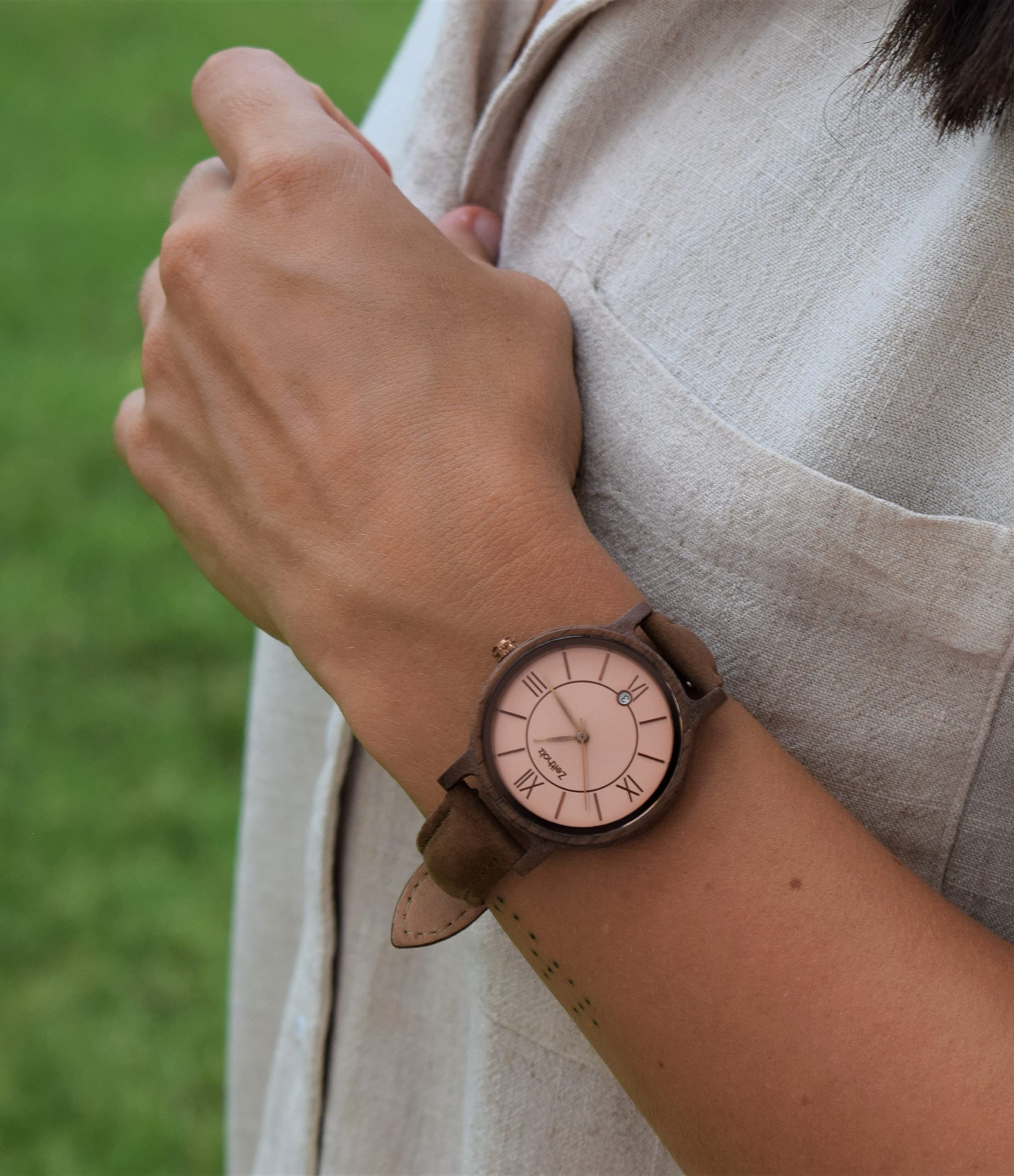 Holzuhr Damen, Armbanduhr, Lederband Blau, Analog, Quarz, Neue Rosenbach Kollektion 36mm, Naturholz mit Japanischem Quarzwerk. Eine Aussergewöhnlich Vielseitige Damenuhr