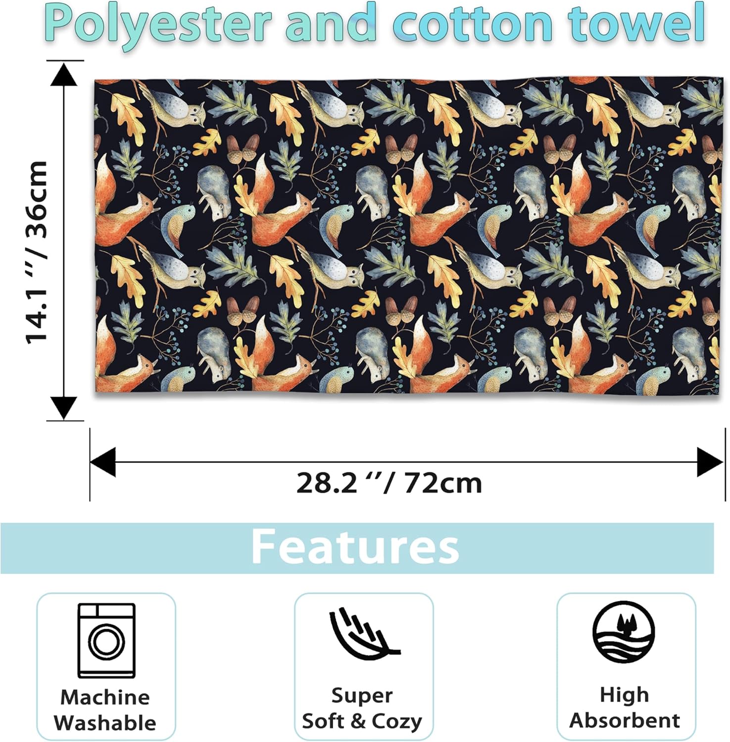 Animal Hand Towels - Set of 2, Owl Bird Fox Hedgehog Leaves Fingertip Towels Polyester Cotton Soft for Bathroom Kitchen Hotel Spa 14"X28" - Image 2