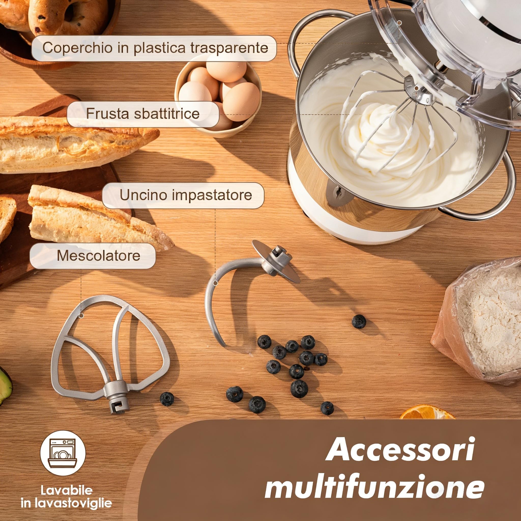 Fab by Kitchen in the box Impastatrice Planetaria, 8L Planetaria Professionale 2000W, 10 Velocità con Uncino Impastatore, Mescolatore e Frusta Sbattitrice (Bianco Ghiaccio)