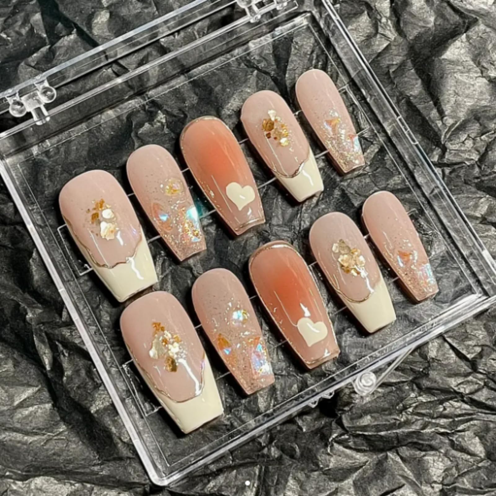 Pure Handmade French Tip Manicure Press on Nail 10pcs Reusable Fake Nails with Luxury Mirror Powder & Gold Foil - Image 4