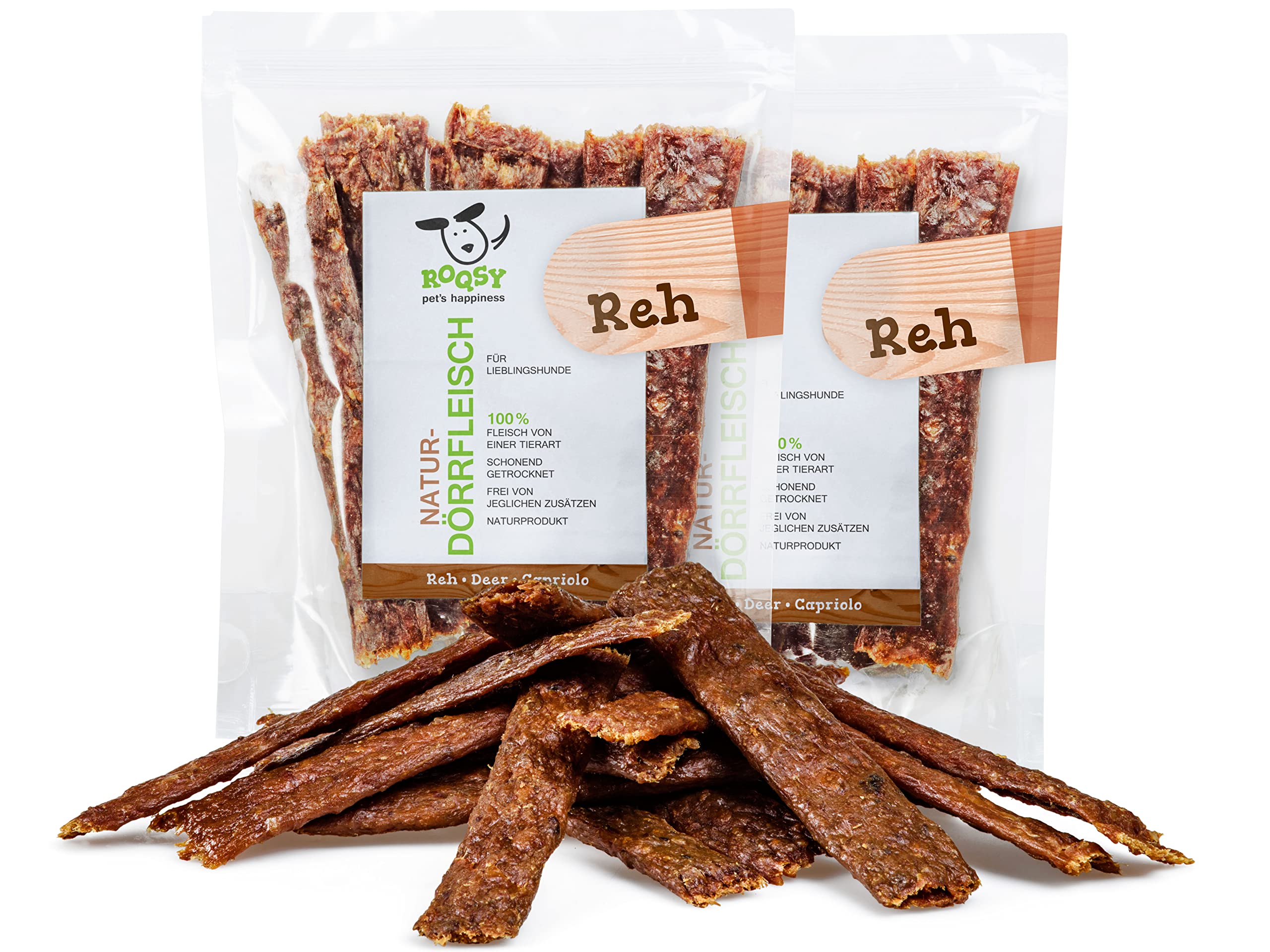 ROQSY Carne deshidratada natural 100% ciervo para perros, 200 g/2 x 100 g, también para cachorros, sin cereales, aperitivos para perros, tiras para masticar, golosinas, carne de compra, secado suave