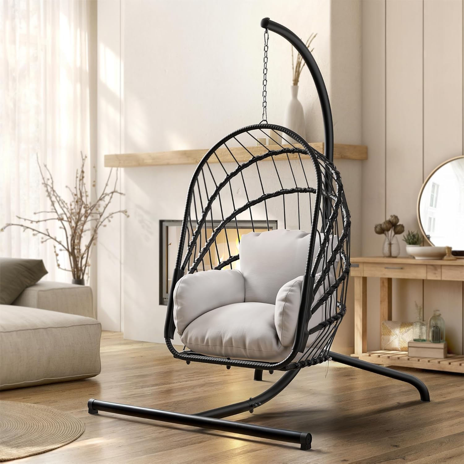 YITAHOME Hanging Egg Chair with Stand, Rattan Wicker Swing Egg Chair with Resistant Cushion, 350lbs Capacity, Foldable Hanging Rattan Basket Chair for Porch, Garden, Bedroom, Balcony, Grey