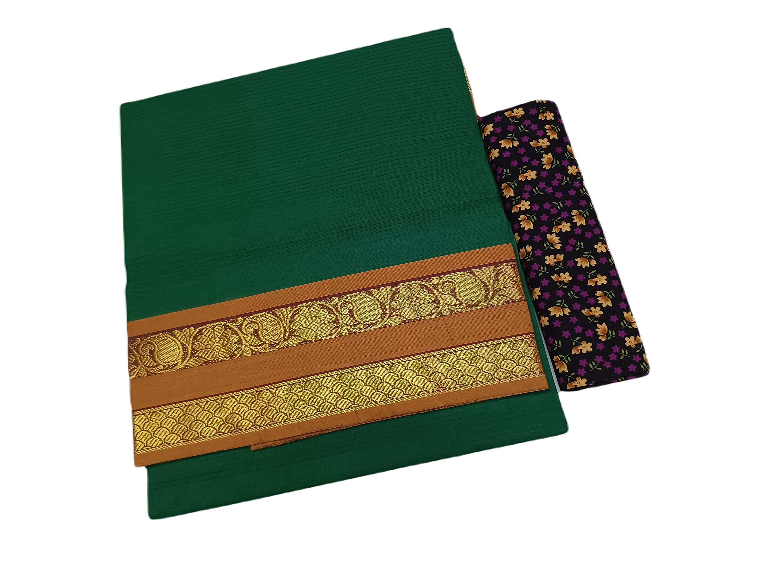 VP EX Women's Pure Green Color Kanchi Cotton with Kodi and Mango design Thread work borders Length : 5.5 m with Contrast Matching Kalamkari Blouse sooth sadi sari