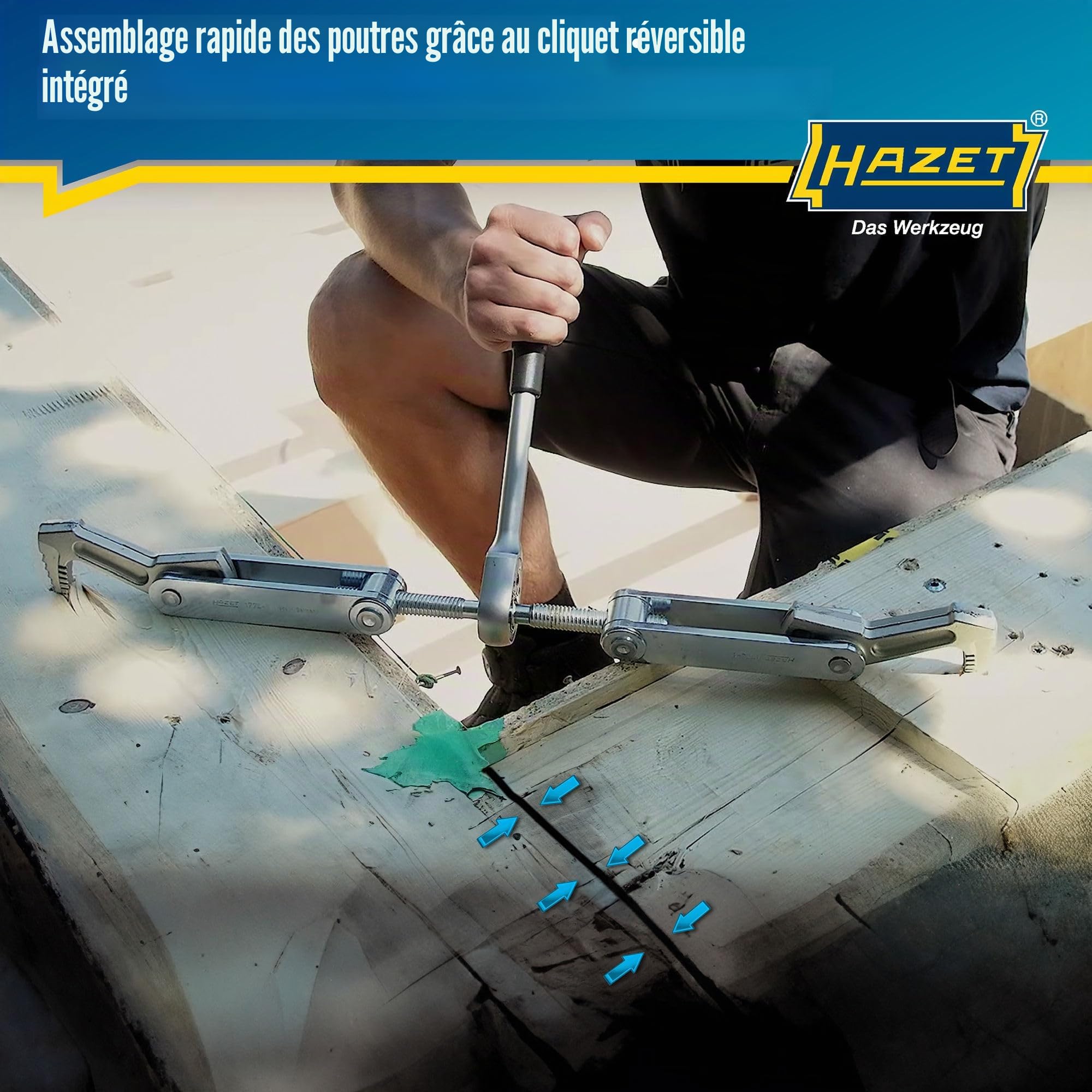 HAZET Tire-bois 1774-1 I course de serrage : 115 mm, largeur totale : 440 mm, longueur du cliquet : 275 mm, filet trapézoïdal TR 16 x 5 I pour serrer, tirer et comprimer les bois'.