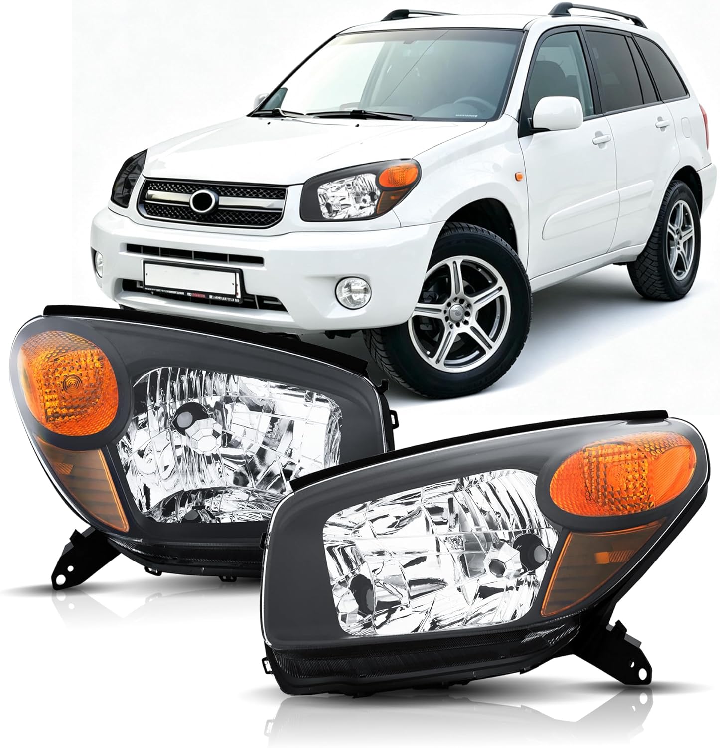 Headlights Assembly compatible with 2004 2005 Toyota RAV4 Halogen Type Headlamp Left Right, Chrome Housing