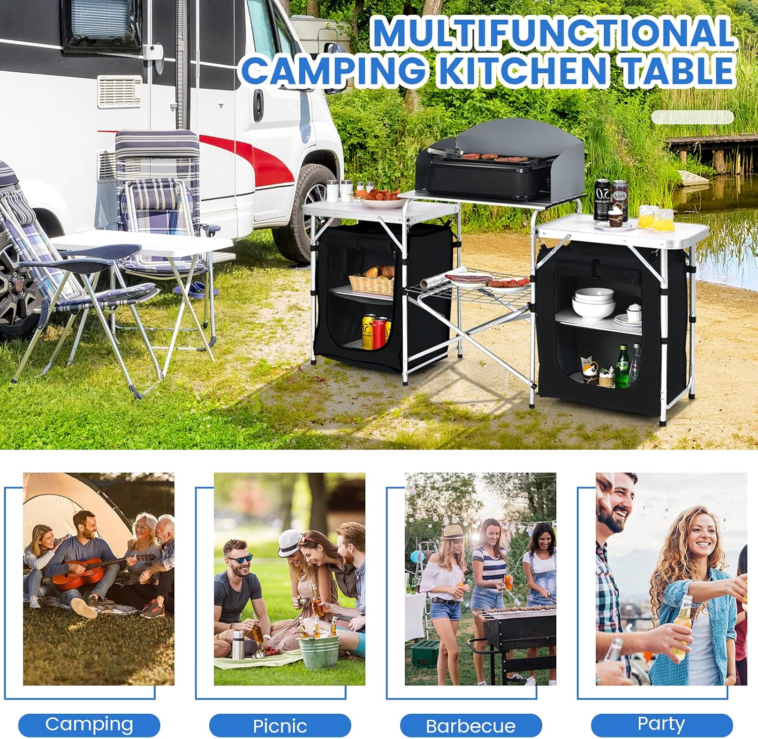 Tangkula Folding Camping Table, 2-Tier Aluminum Camping Kitchen Table with Windscreen, Cook Station, Portable Camp Cook Table with Storage Organizer Shelves, Carry Bag, Ideal for Picnic, BBQ, Party