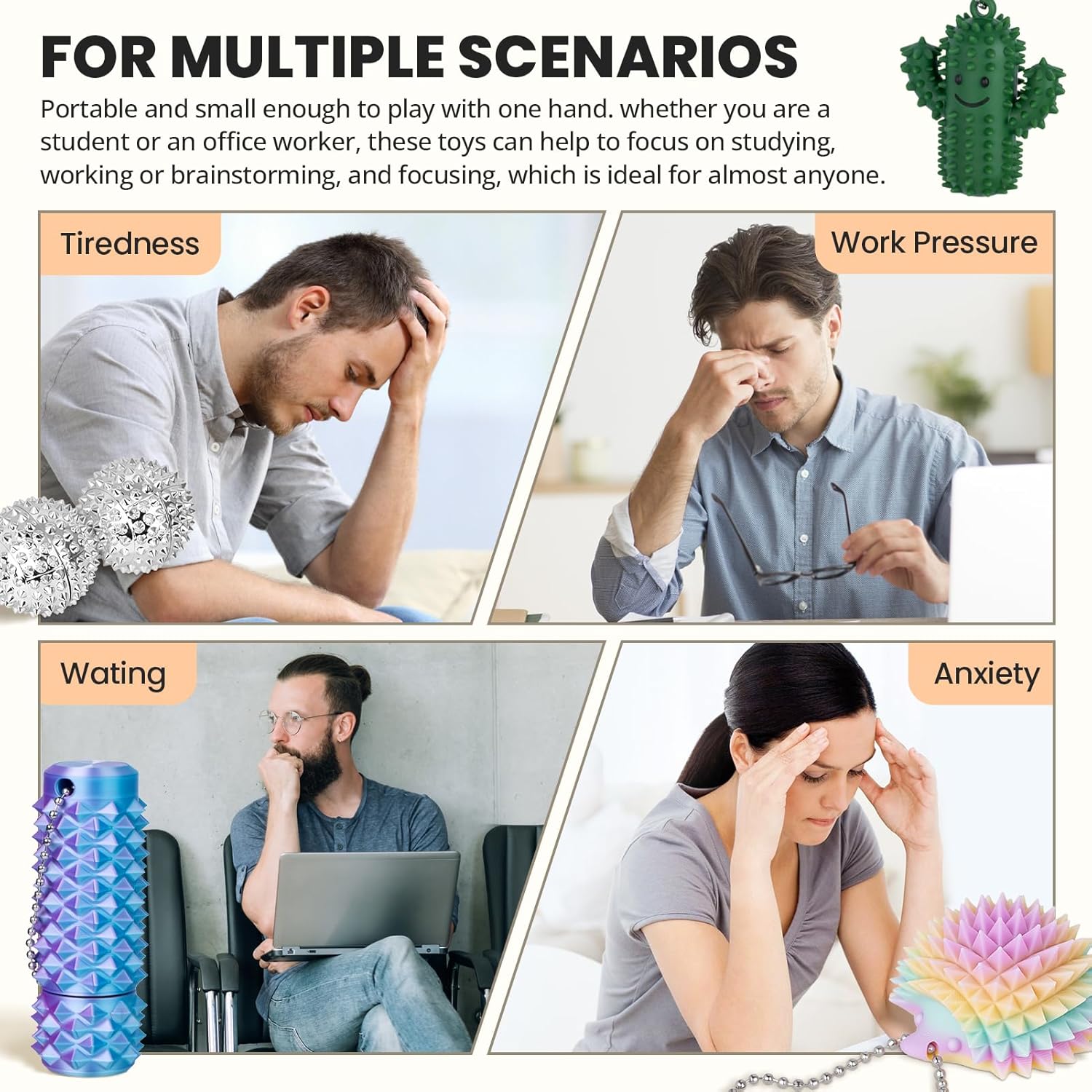 4 PCS Little Ouchies Pain Fidget, Pain Stim Fidgets for Adults, Spinning Spiky Roller Fidget - Pain Stim Tool Sensory Toy for Anxiety & Stress Relief, 3D Printed Grippie Stim Keychain Gifts for Adults
