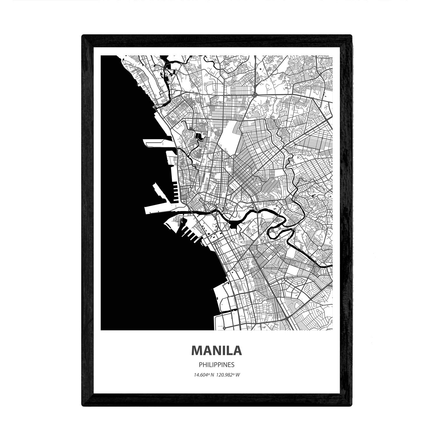 Nacnic Poster with map of Manila - Philippines. Asian cities sheets with seas and rivers in black color. A4 size