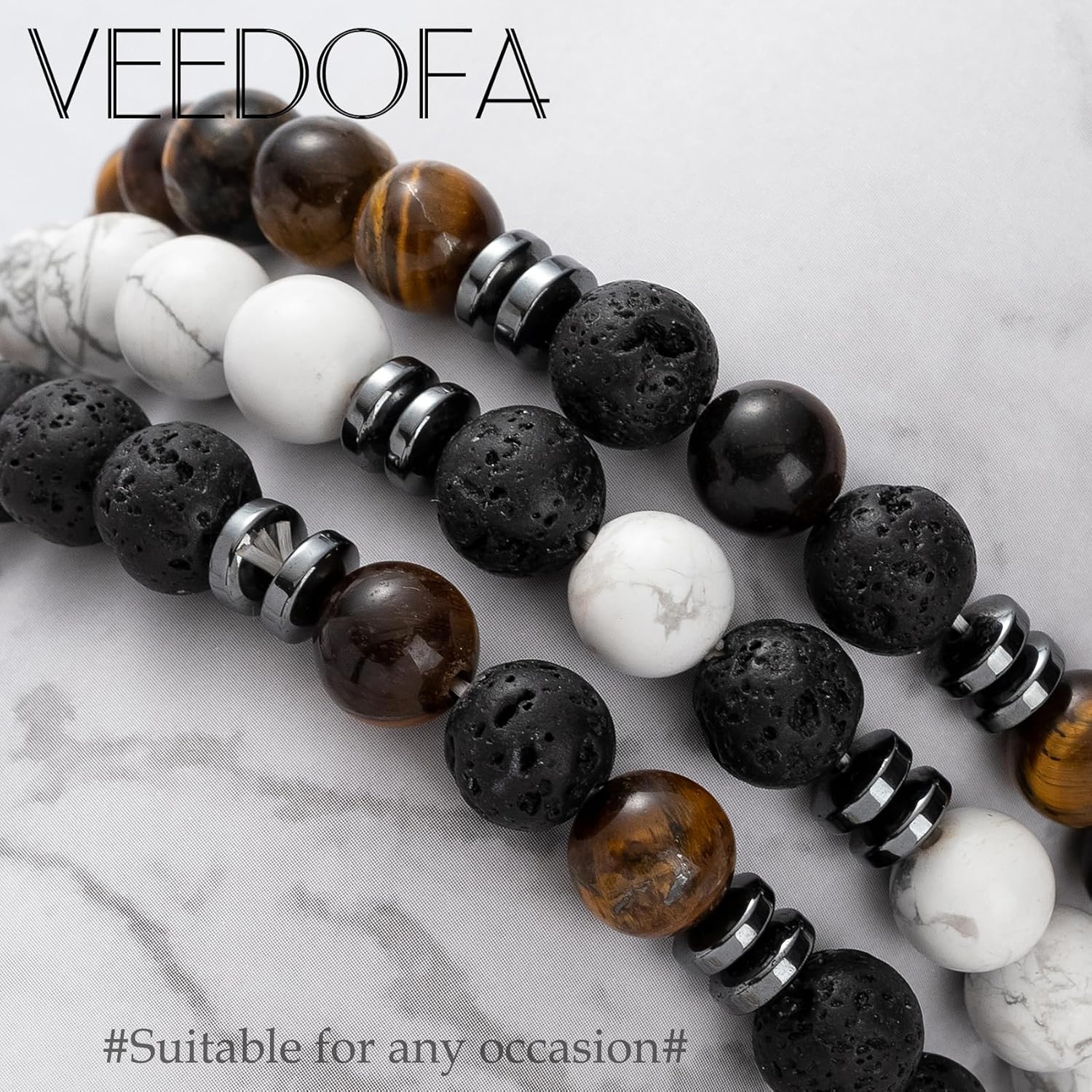 Tiger Eye Beaded Bracelets for Men - Elastic 8MM Natural Stone Bracelet Set Lava Rock Bracelets Gifts for Son Grandson Bonus Son Boyfriend Brother - Image 4