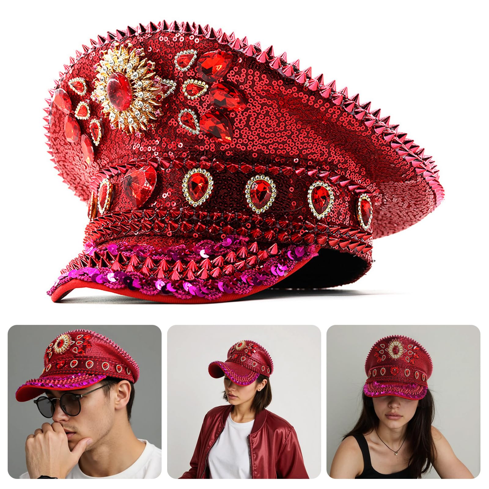 Jeweled - Cappello da capitano con cristalli pesanti, per ragazze e ragazzi, per carnevale, festival musicali, hip hop, moda