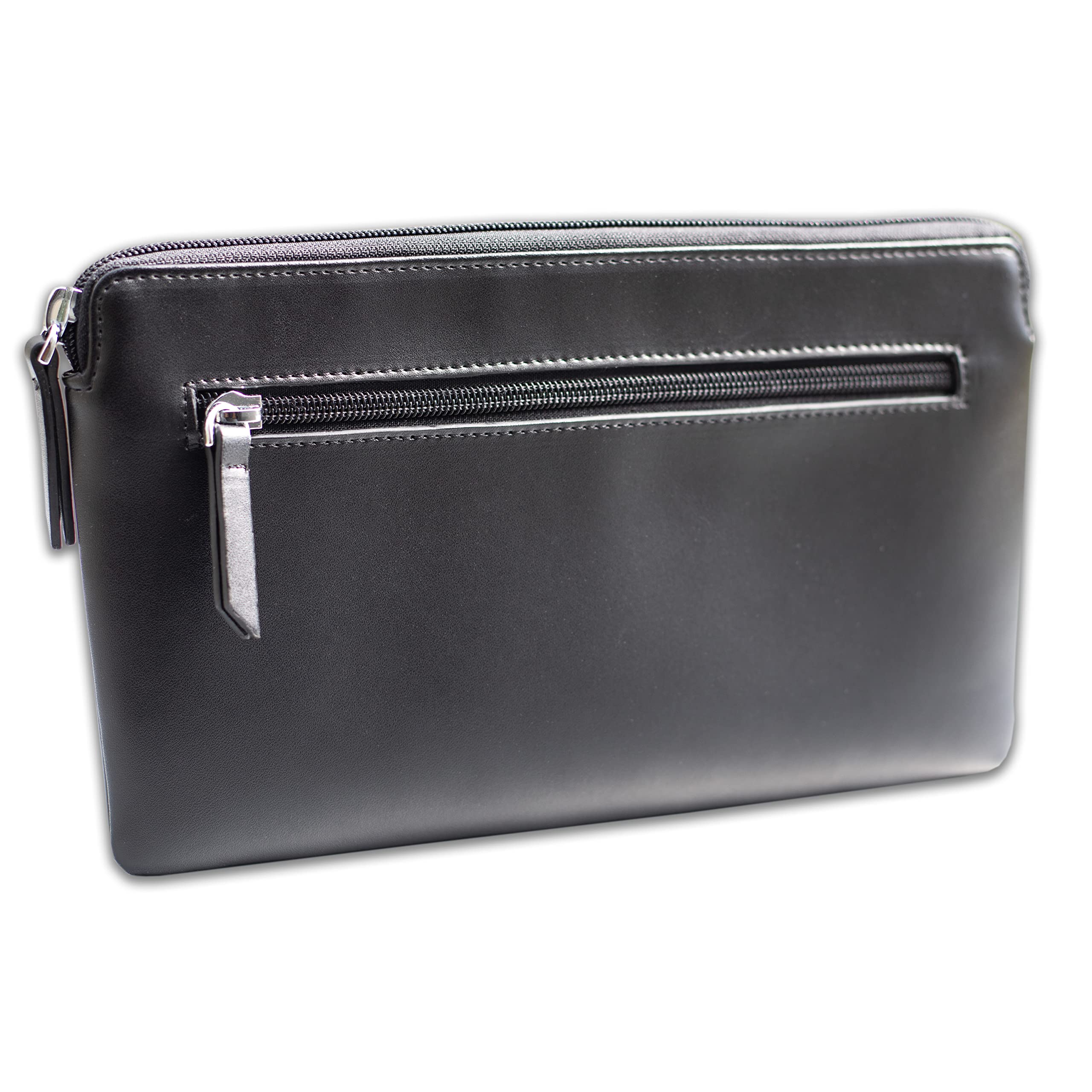 effektivo Bank Bag Genuine Leather Black Document Bag Money Bag with 2 Zip Compartments