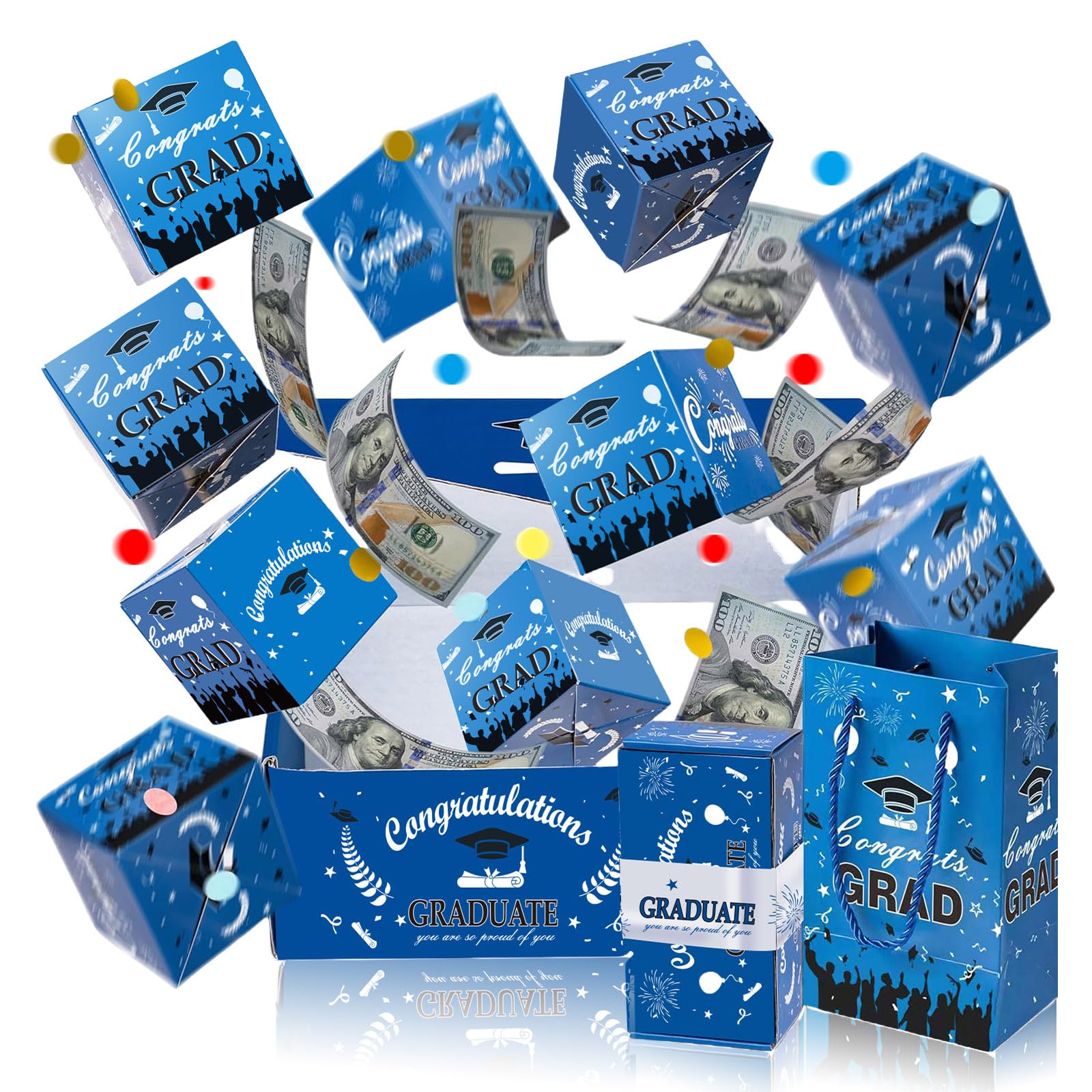 Muiltvoe Blue Graduation Graduation Surprise Money Explosion Box With Confetti,Blue Pop Up Cash Gift Box,10Pcs Folding Bouncing Graduate Cash Boxes Money Gift For Graduating Cash Gifts Celebrations Graduate Party Supplies