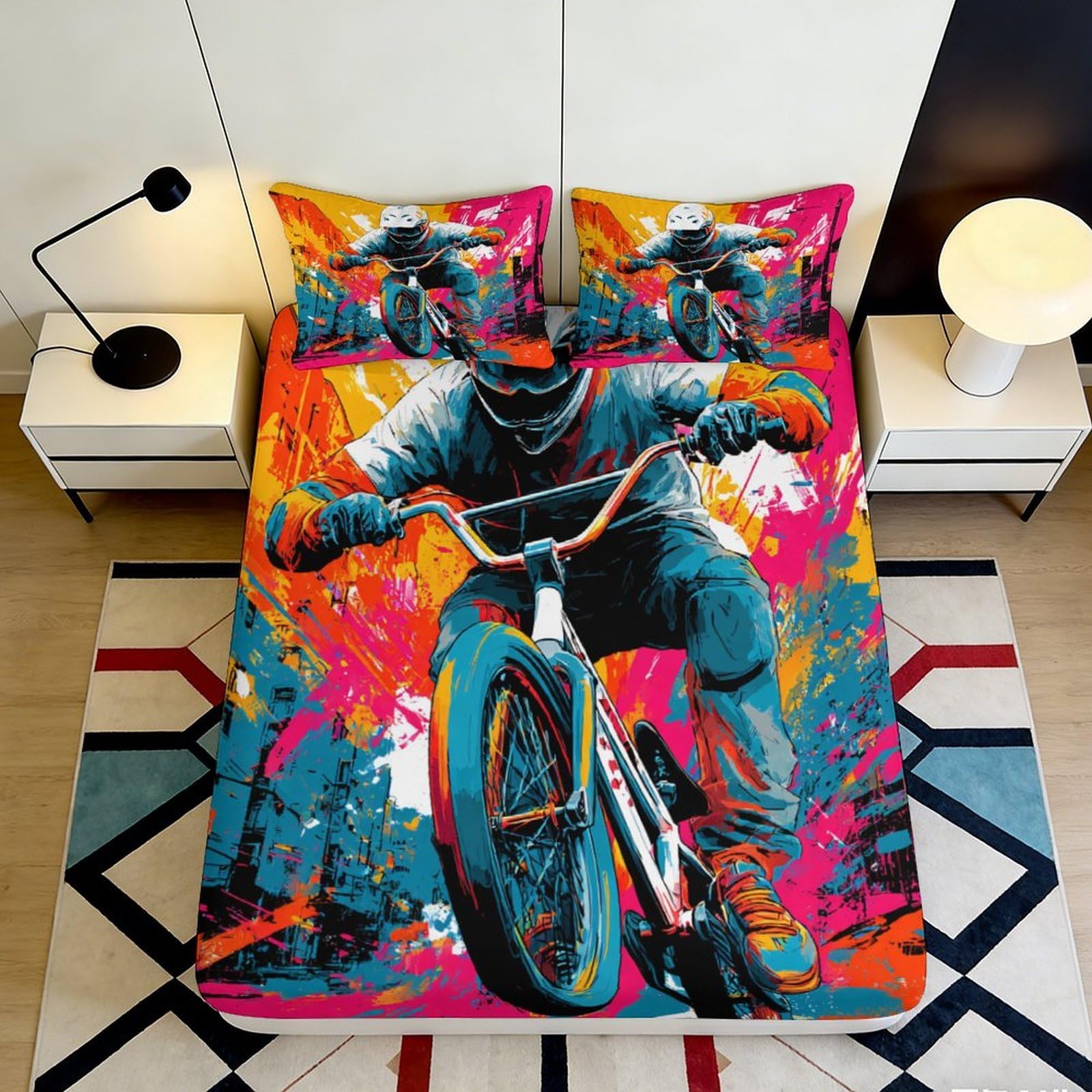 3D Printed Graffiti BMX Fitted Sheet Microfiber Vibrant Urban Street Cycling Mattress Cover for Bedroom Dorm Decor 90x200x25cm