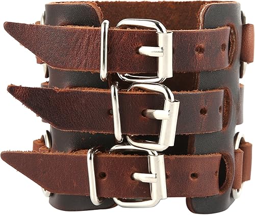 Miniatura 10 de HZMAN Anillo de aleación para hombre pulsera de cuero auténtico brazalete de tono plateado ajustable Cuero