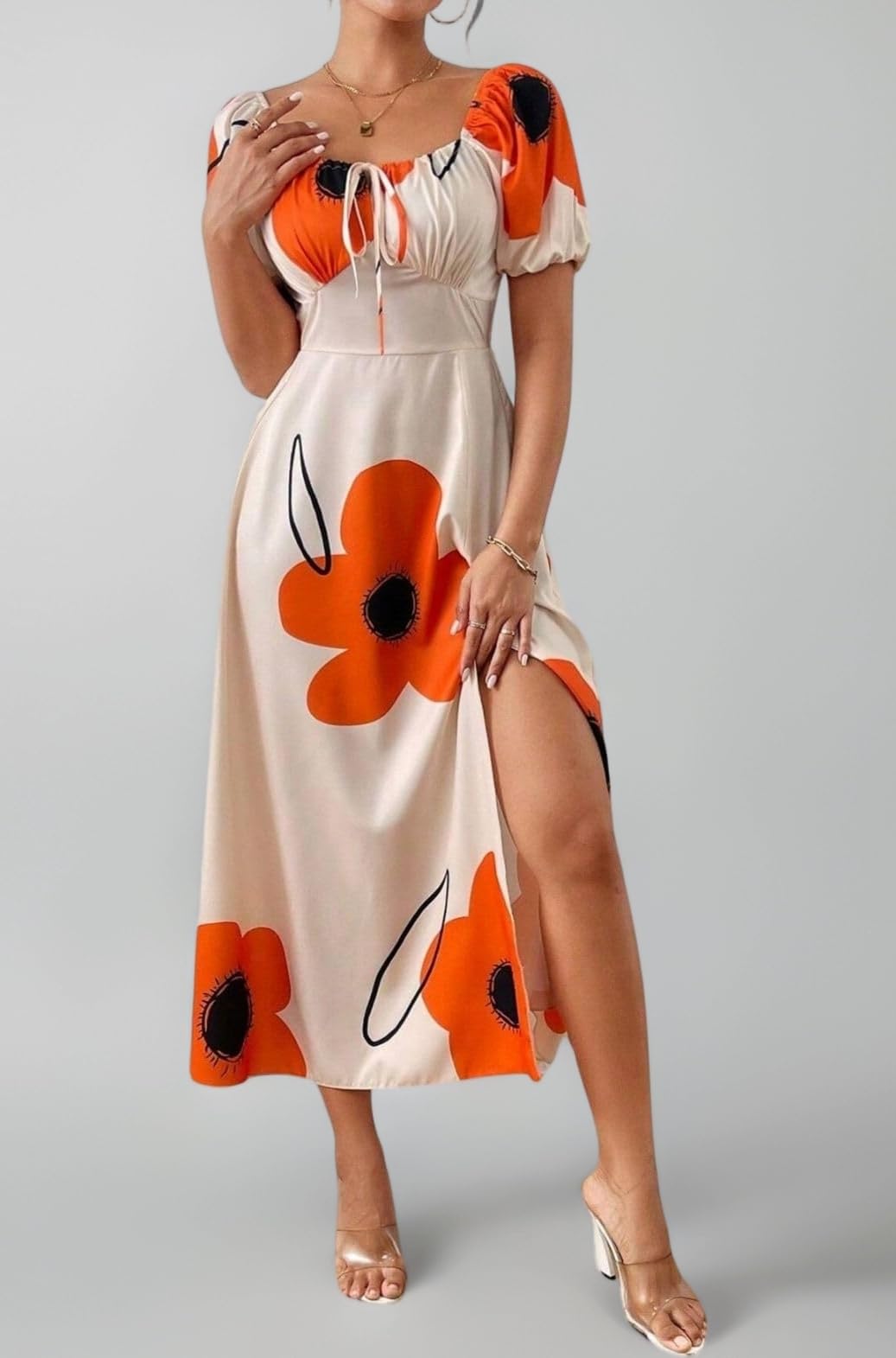 Summer Dress for Woman | Boho Square Neck Long Dress | Women's Puff Sleeve Floral Printed A Line Maxi | Elegant Tie Front Slit Outfit | Comfortable Beach, Vacation, Party & Holiday Outfit