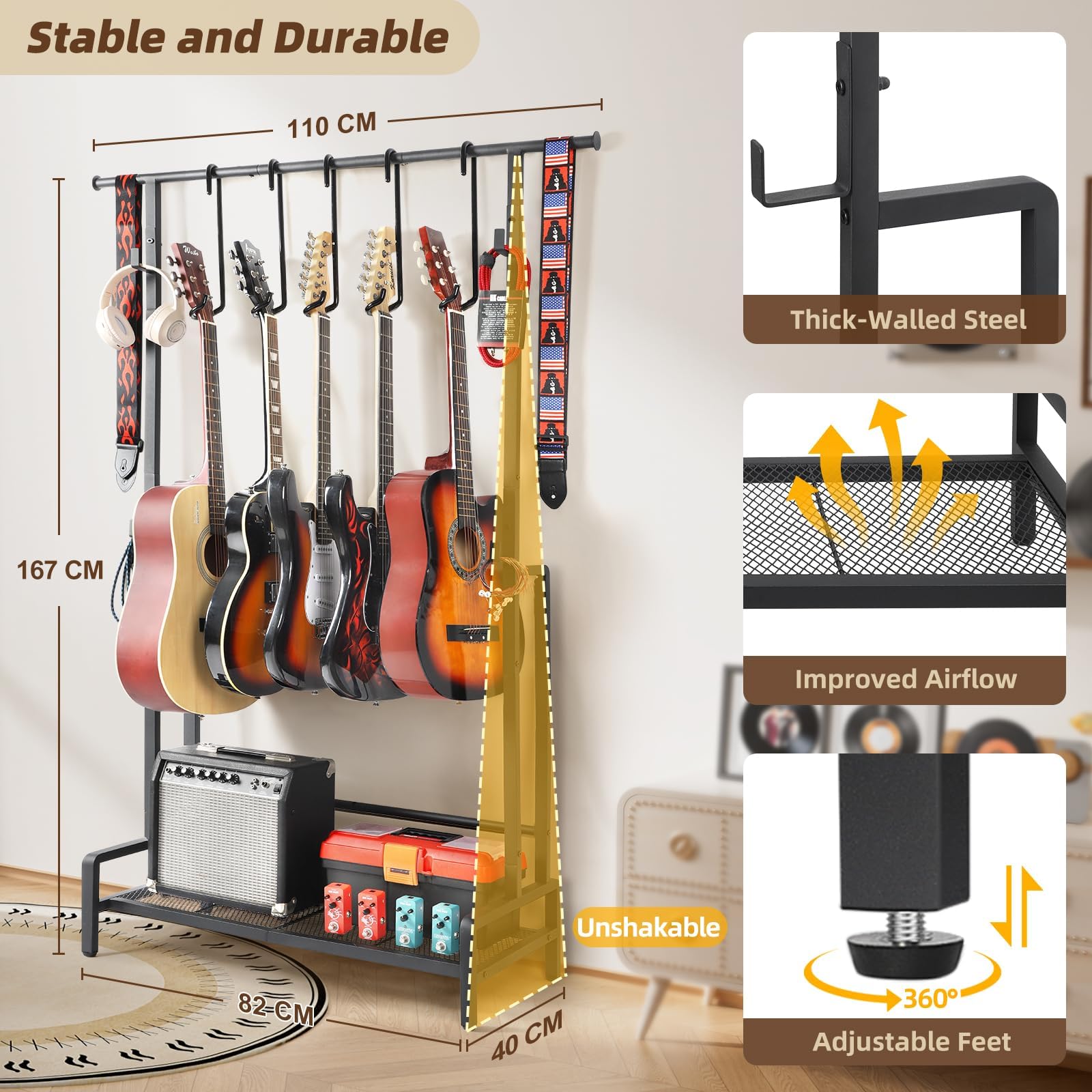 Bikoney Support Guitare Sol pour 5 Guitares, Porte-Guitares Réglable pour Guitare Acoustique, Électrique, Basse & Ukulélé, Rack Guitare Robuste avec Étagère pour Ampli & Crochets Accessoires