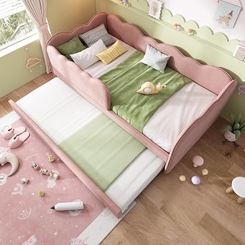 Miyemo Day Bed, 3ft Upholstered Single Bed Frame with Pull Out Trundle, Sofa Bed with Slatted Frame for Adults & Children, Velvet, 90x190cm, Pink, No Mattress