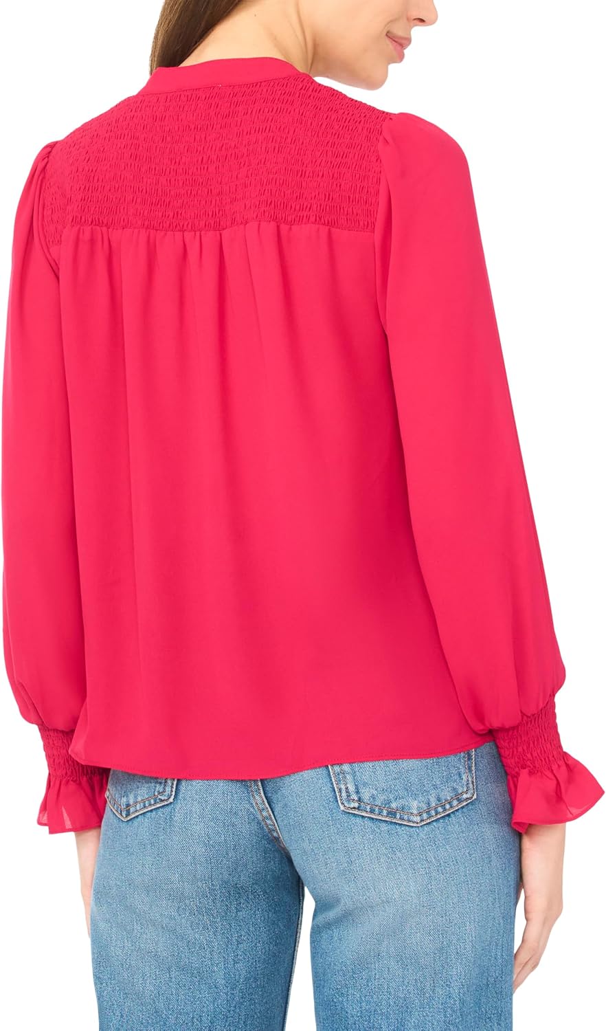CeCe Long Sleeve Half Placket Smocked Top