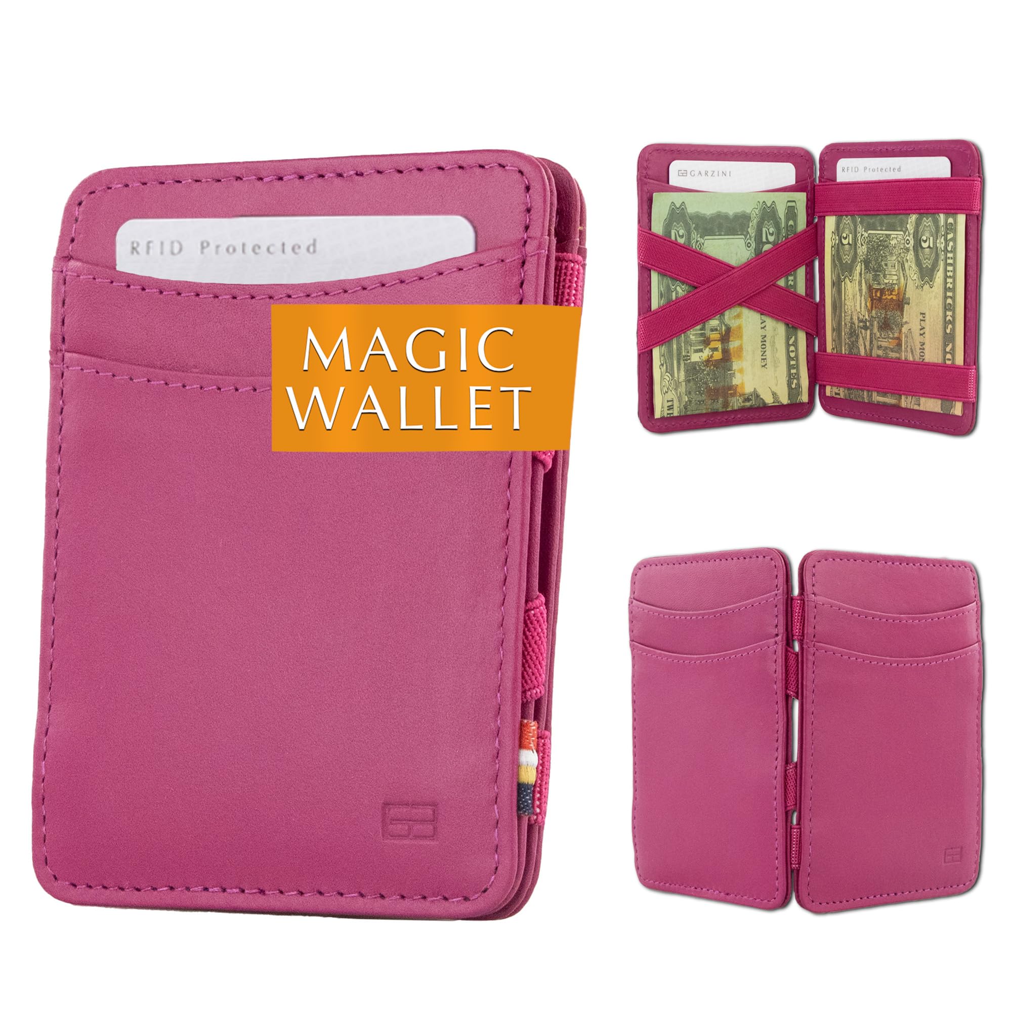 GARZINI Magic Wallet, Minimalist Wallet for Men with RFID card holder, Leather Wallet for 8 cards, Raspberry