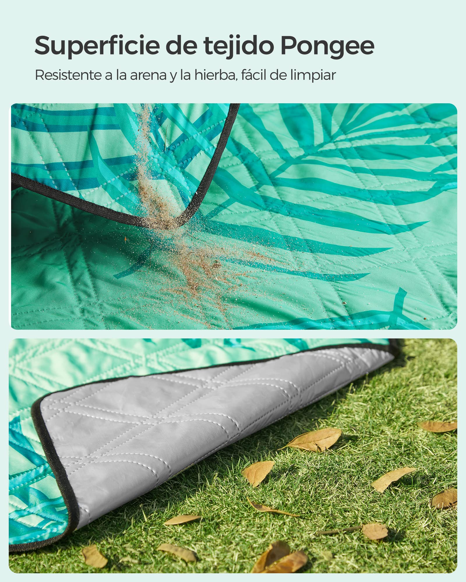 SONGMICS GCM001C02 - Manta de pícnic, 200 x 200 cm, Gran Alfombra, para Camping, Parque, jardín, Playa, Repelente al Agua, Lavable a máquina, Plegable, diseño de Helecho y Verde