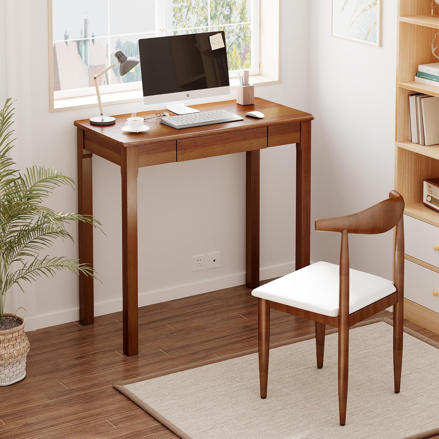 100% Solid Wood Desk with Drawers 32 x 16 Inch Mid Century Modern Narrow Desk Vintage Small Writing Wooden Desks for Small Spaces Bedroom, Living Room, Office