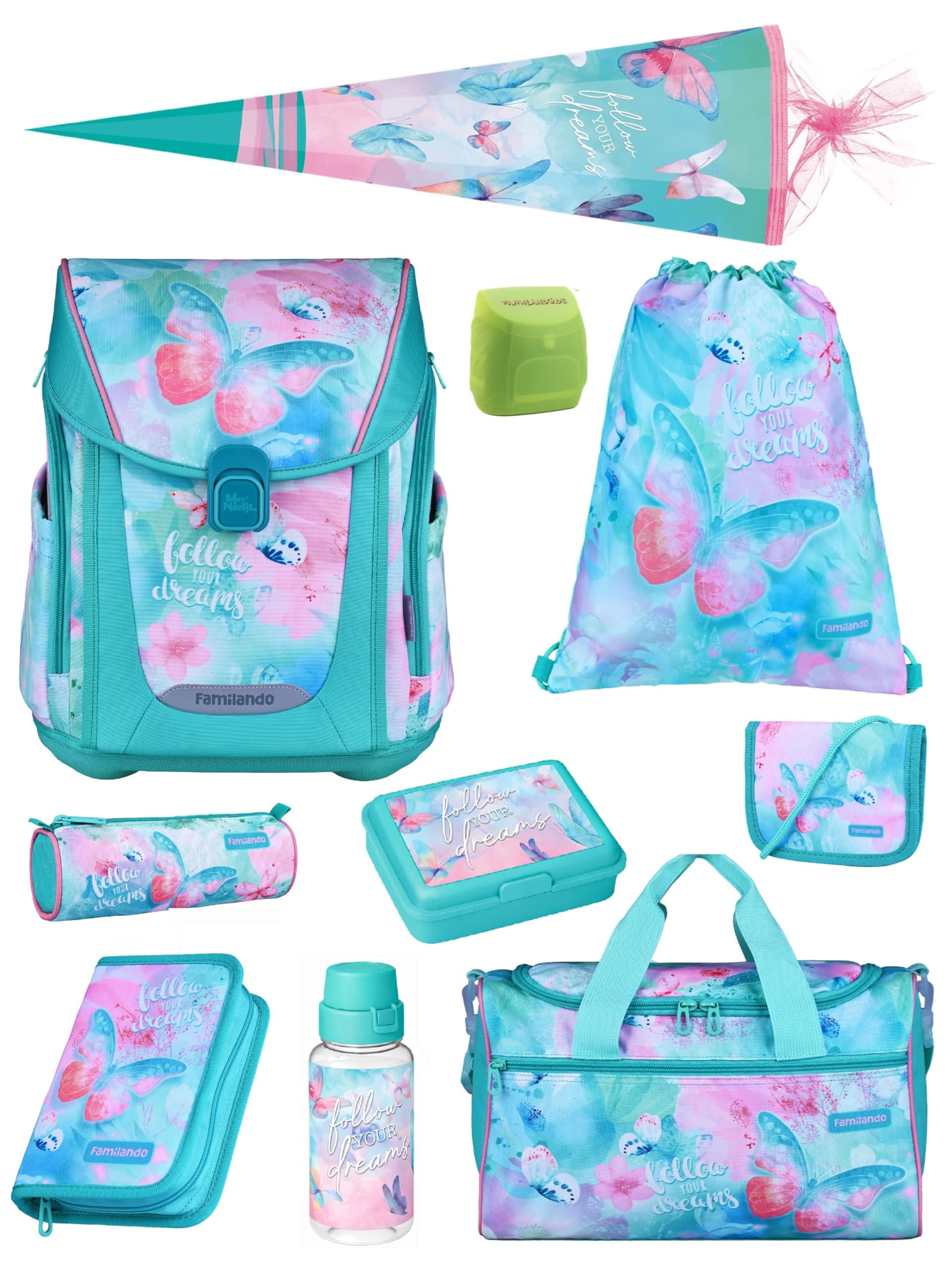 Familando - Premium Schulranzen Set - 10-teilig mit Schultüte - Butterfly (Schmetterlinge) - Ergonomisch, stabil & mit gepolstertem Rücken - 1000g - 20L Volumen - Mit Reflektoren - ab 1. Klasse