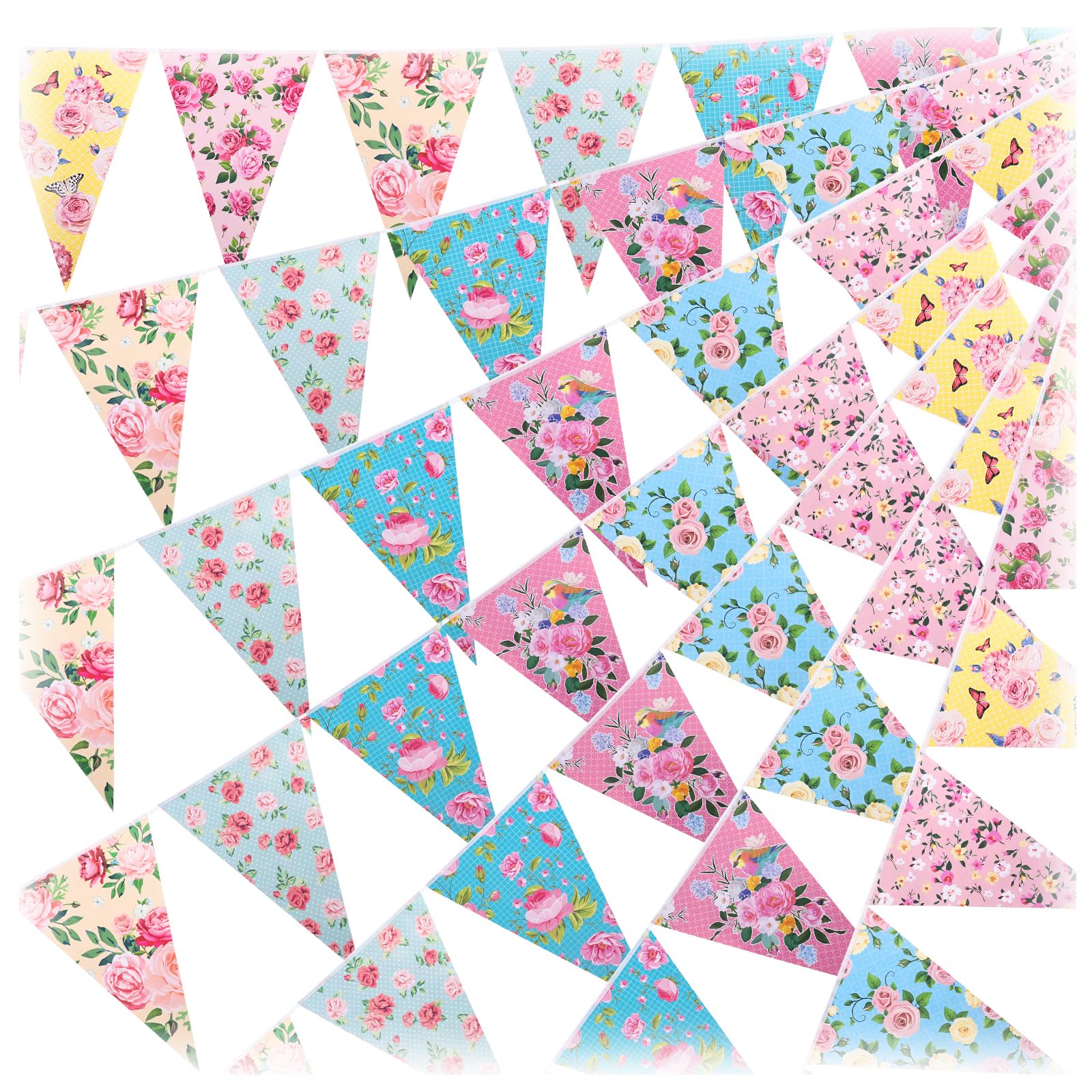 44.3 Ft 60 Pieces Floral Triangle Bunting Banner, Wildflower Pre Strung Pennant Flags, Paper Flower Pennant Banner Garland Decorations for Tea Party Garden Birthday (5)