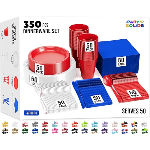 350 Pcs Patriotic Plastic Plates For Party, Patriotic Disposable Plates Set, 50 Of Each 9" Dinner Plate Set, 7" Dessert Plate, Cups, Napkins & Cutlery Plastic Dinnerware Set Exquisite