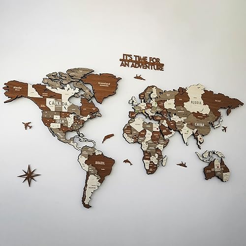 Miniatura 7 de Colorfull Worlds Mapa del mundo de madera y metal 3D montado, mapa de madera multicapa sobre base de metal, mapa artístico de pared de madera para