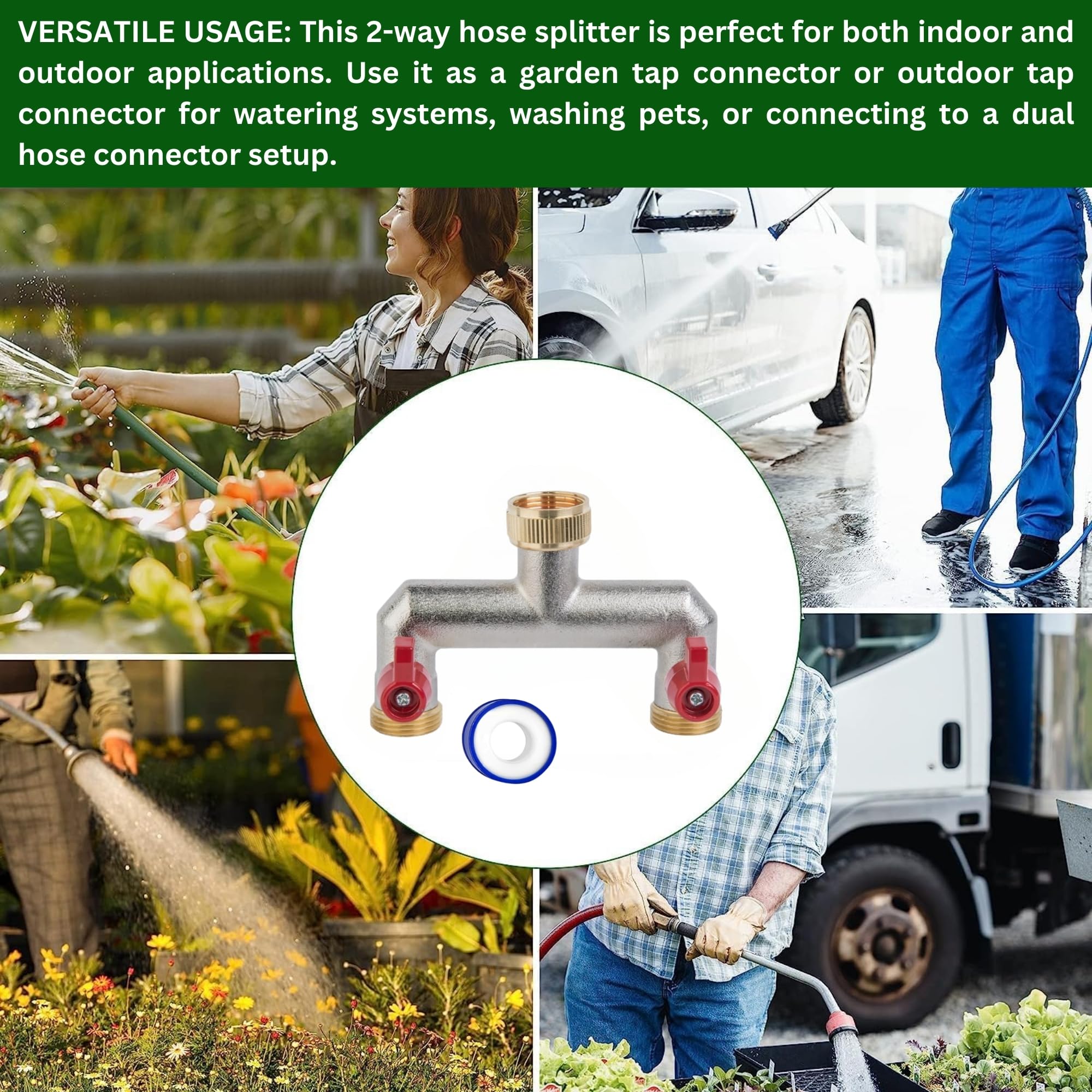 MYPURECORE Brass 2-Way Garden Hose Tap Splitter with PTFE Tape - Durable 3/4" Outdoor Tap Connector with Individual Valves - Image 4