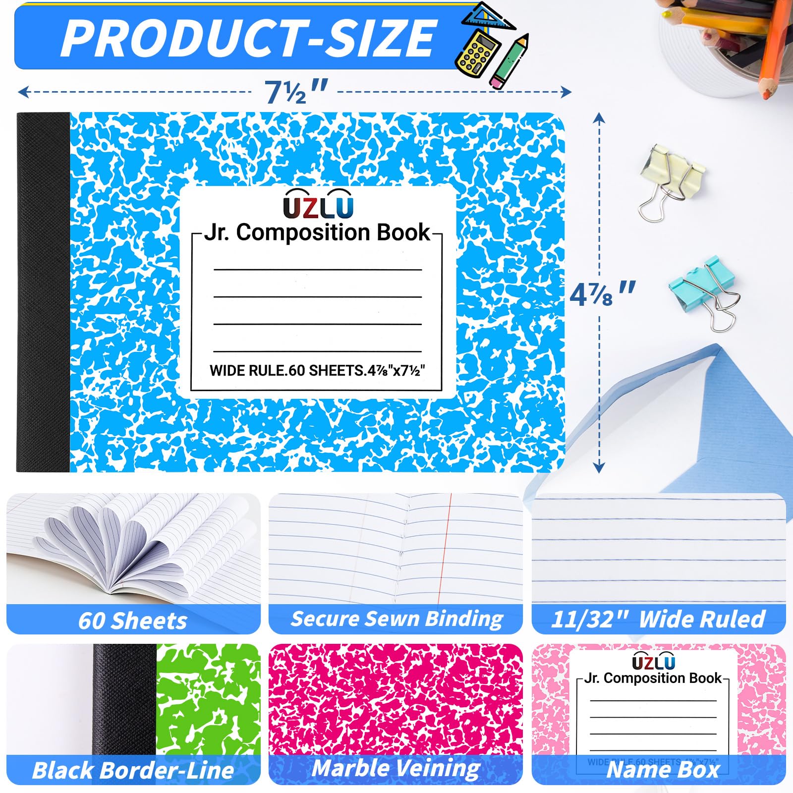 Confezione da 36 quaderni di composizione a righe larghe 4-7/8 "x 19,1 cm, 60 fogli mini quaderni a 12 colori, piccola tasca in marmo, libri per studenti, università, ufficio, rientro a scuola