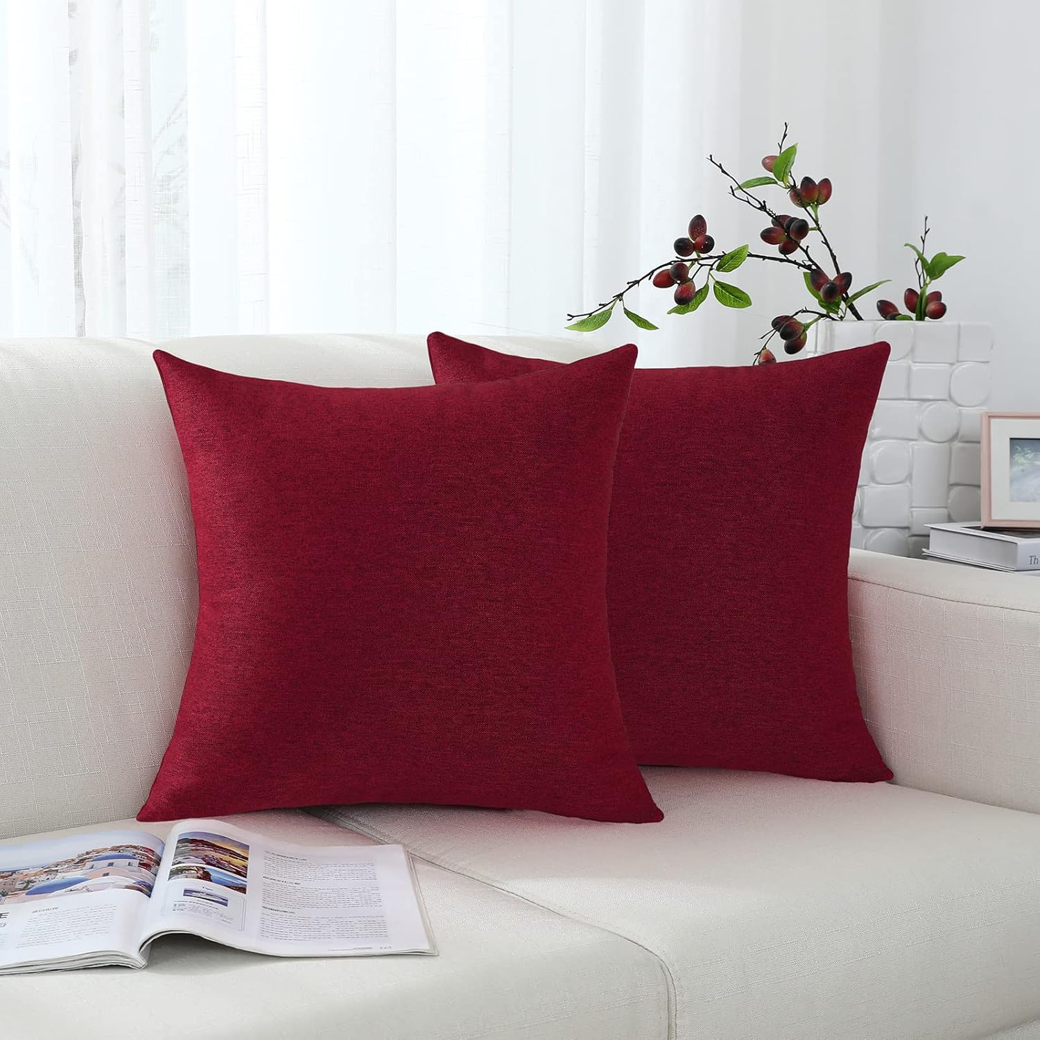 Jeneoo Decorative Burgundy Red Throw Pillow Covers Rustic Farmhouse Square Linen Burlap Soft Comfy Solid Cushion Couch Cases for Sofa Living Room (Set of 2, 18 x 18 Inches) - Image 2