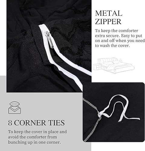 Miniatura 4 de Safe and Sound Juego de funda de edredón, suave, transpirable de 3 piezas con cierre de cremallera, 8 lazos en las esquinas, 2 fundas de almohada, 1